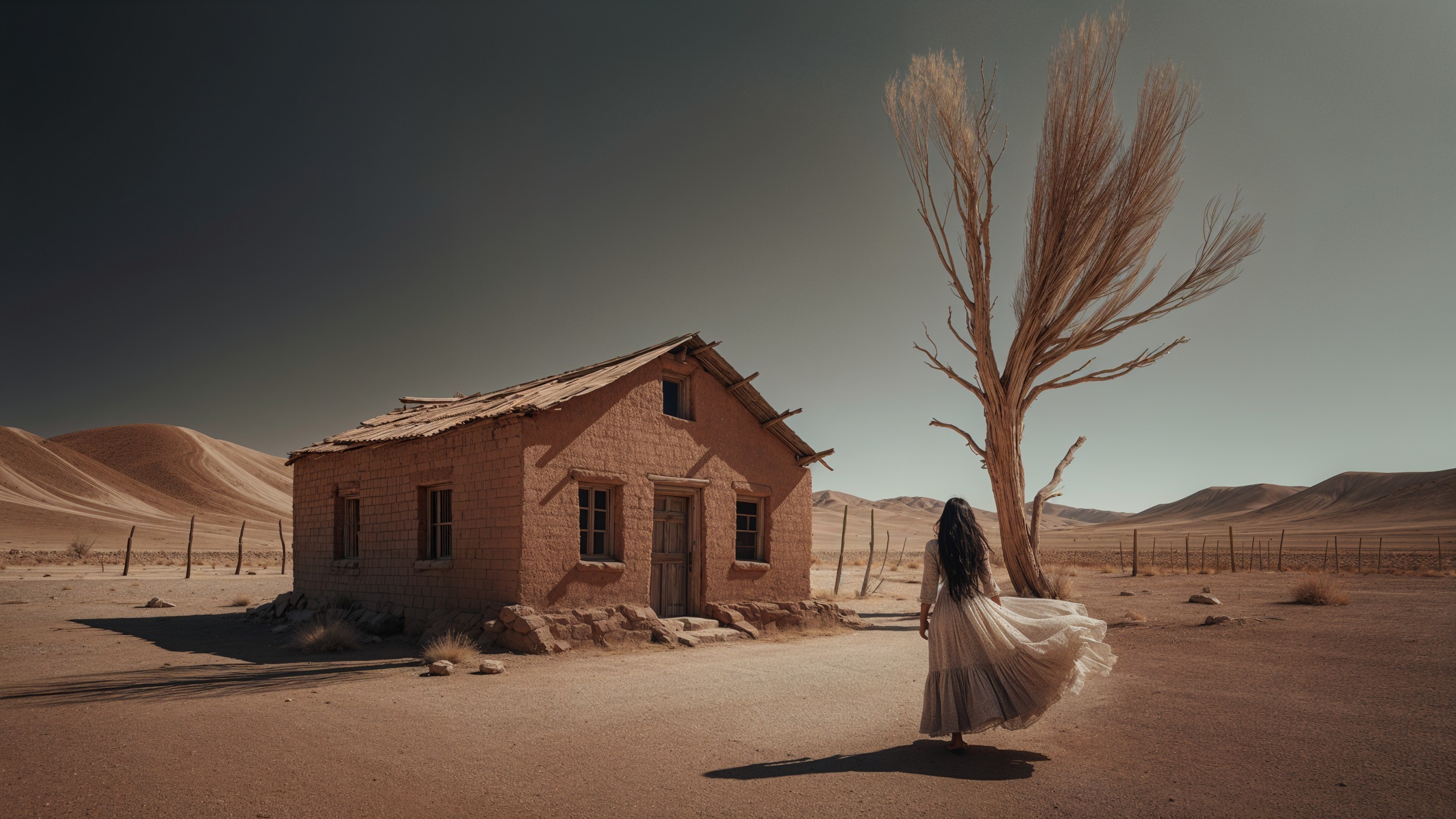 Desolate Landscape with Weathered House and Tree