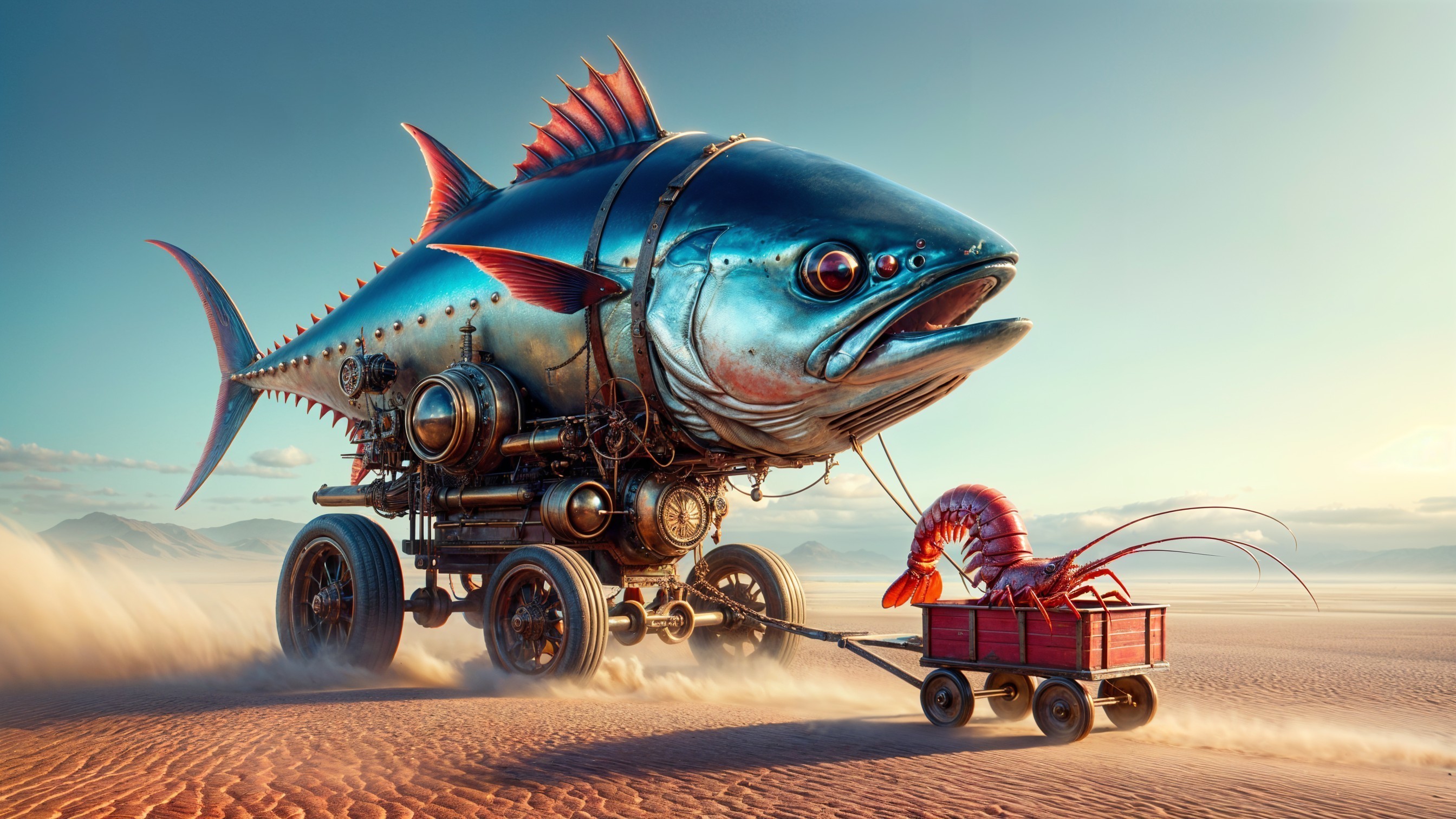 Futuristic fish with cart in a desert landscape