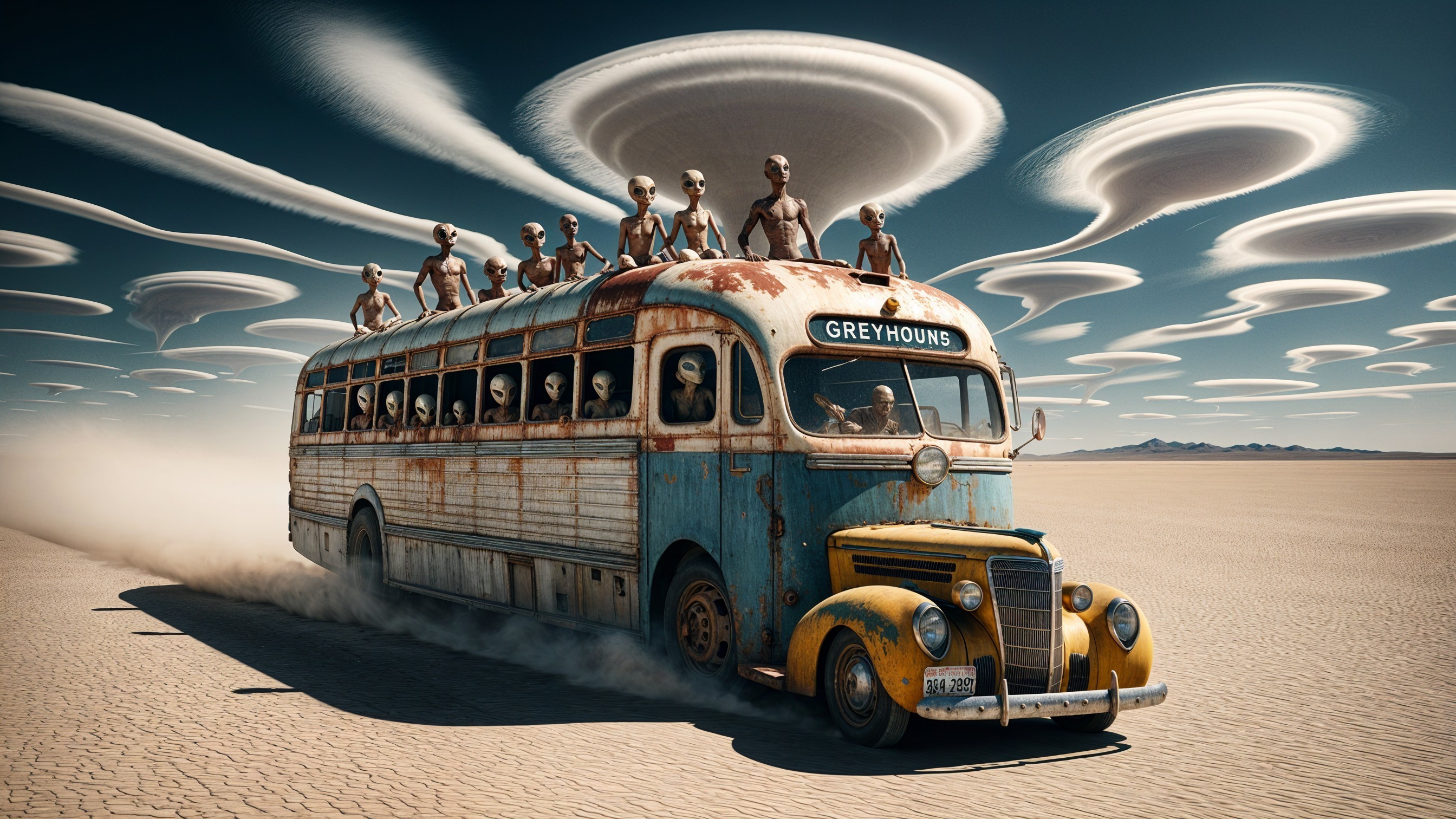 Vintage Bus in Arid Landscape with Aliens and Clouds