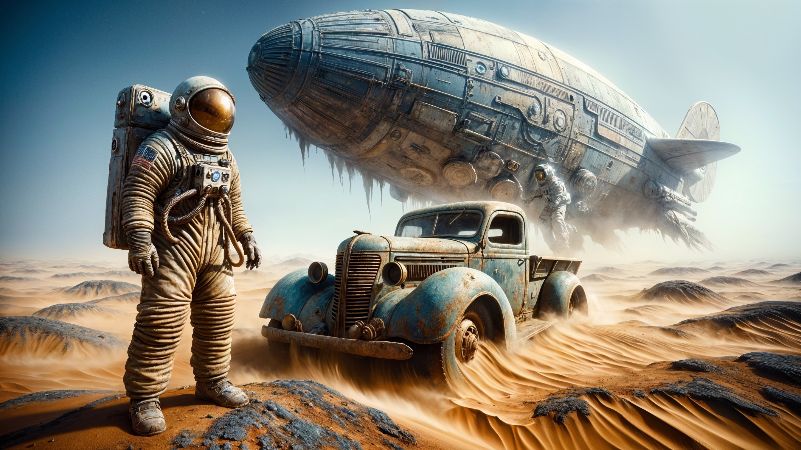 Astronaut in Vintage Spacesuit on Desolate Landscape