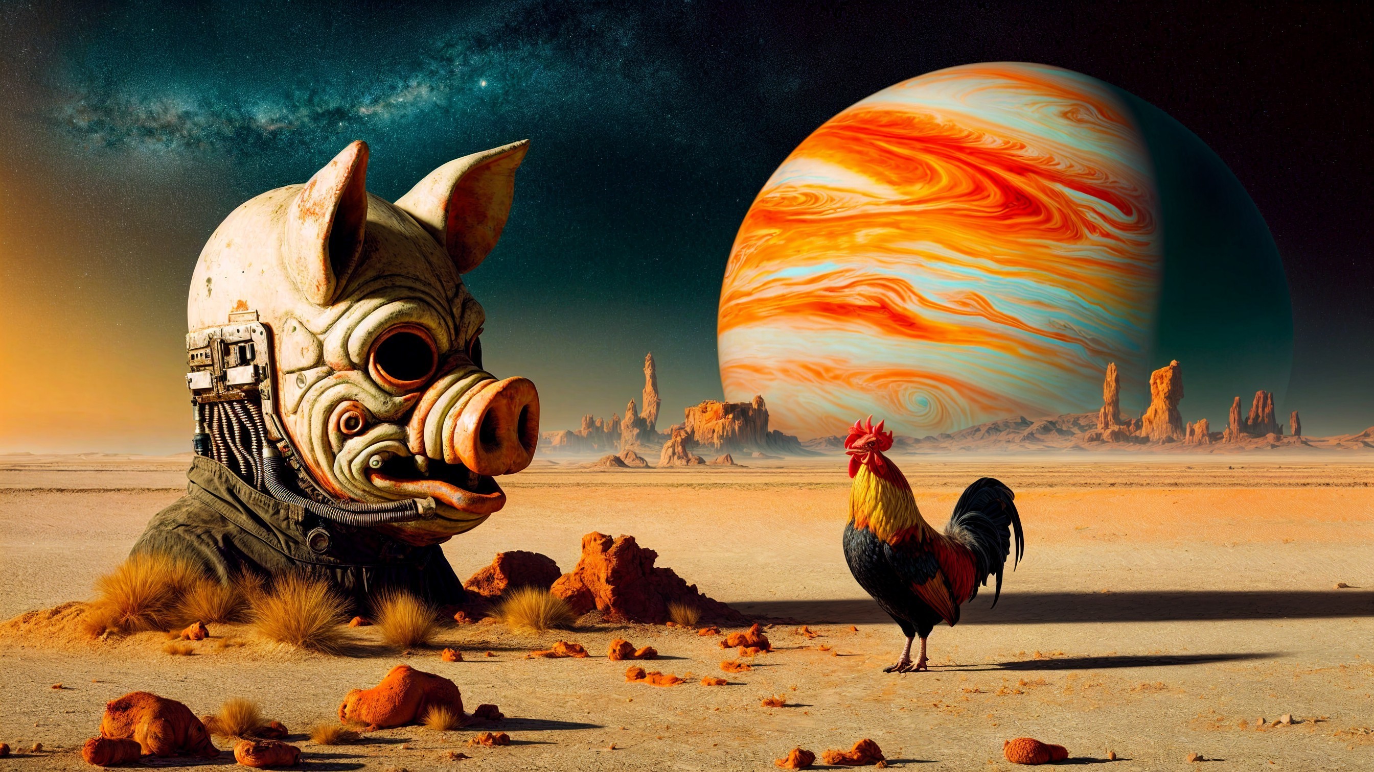 Surreal Alien Landscape with Mechanical Pig and Rooster