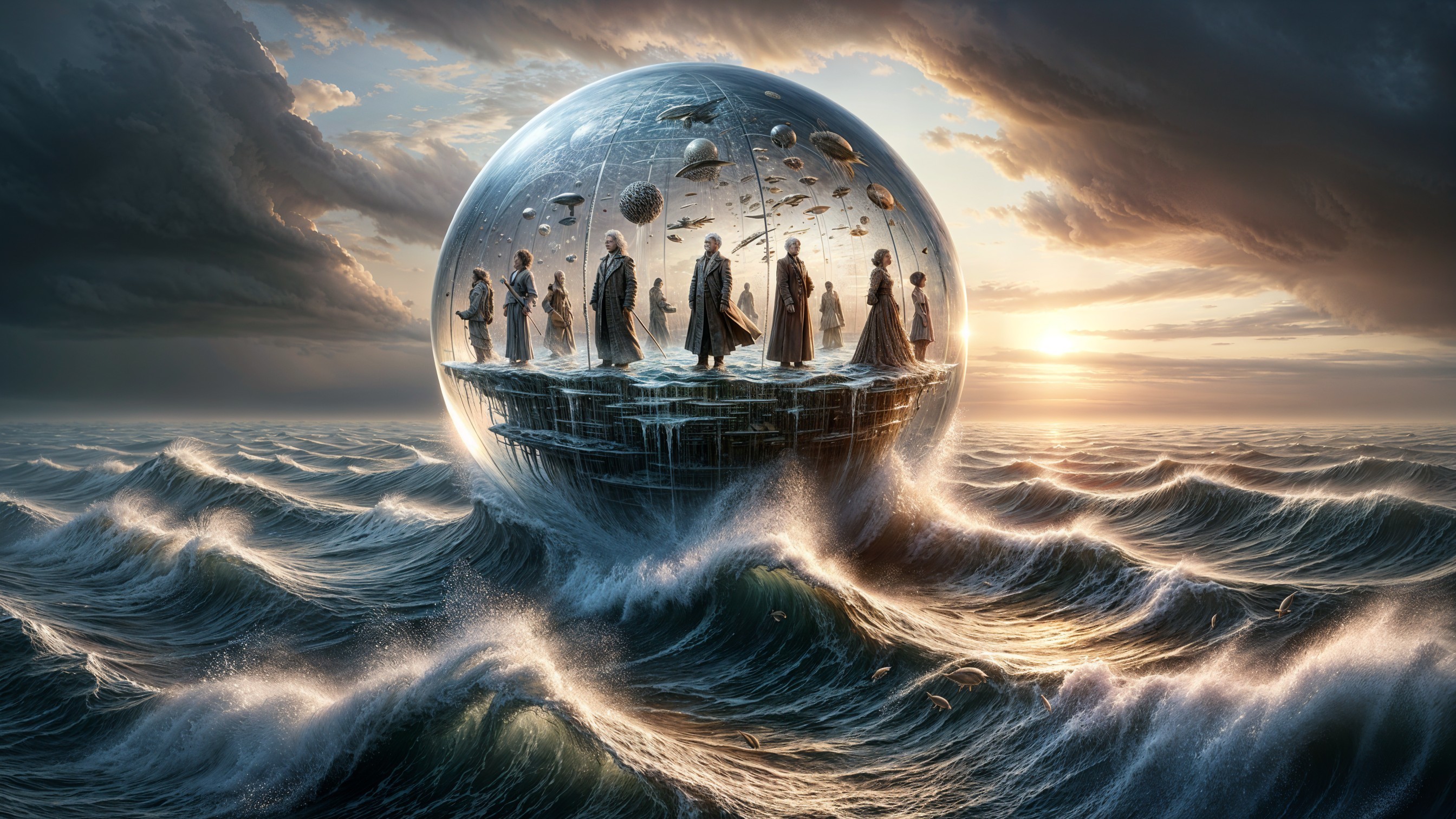 Spherical Glass Structure Above Ocean with Figures and Creatures