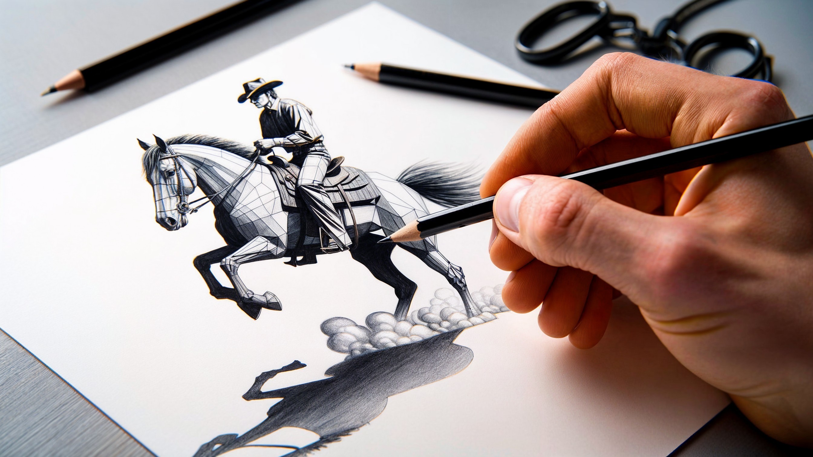Detailed Illustration of Horse and Rider in Motion