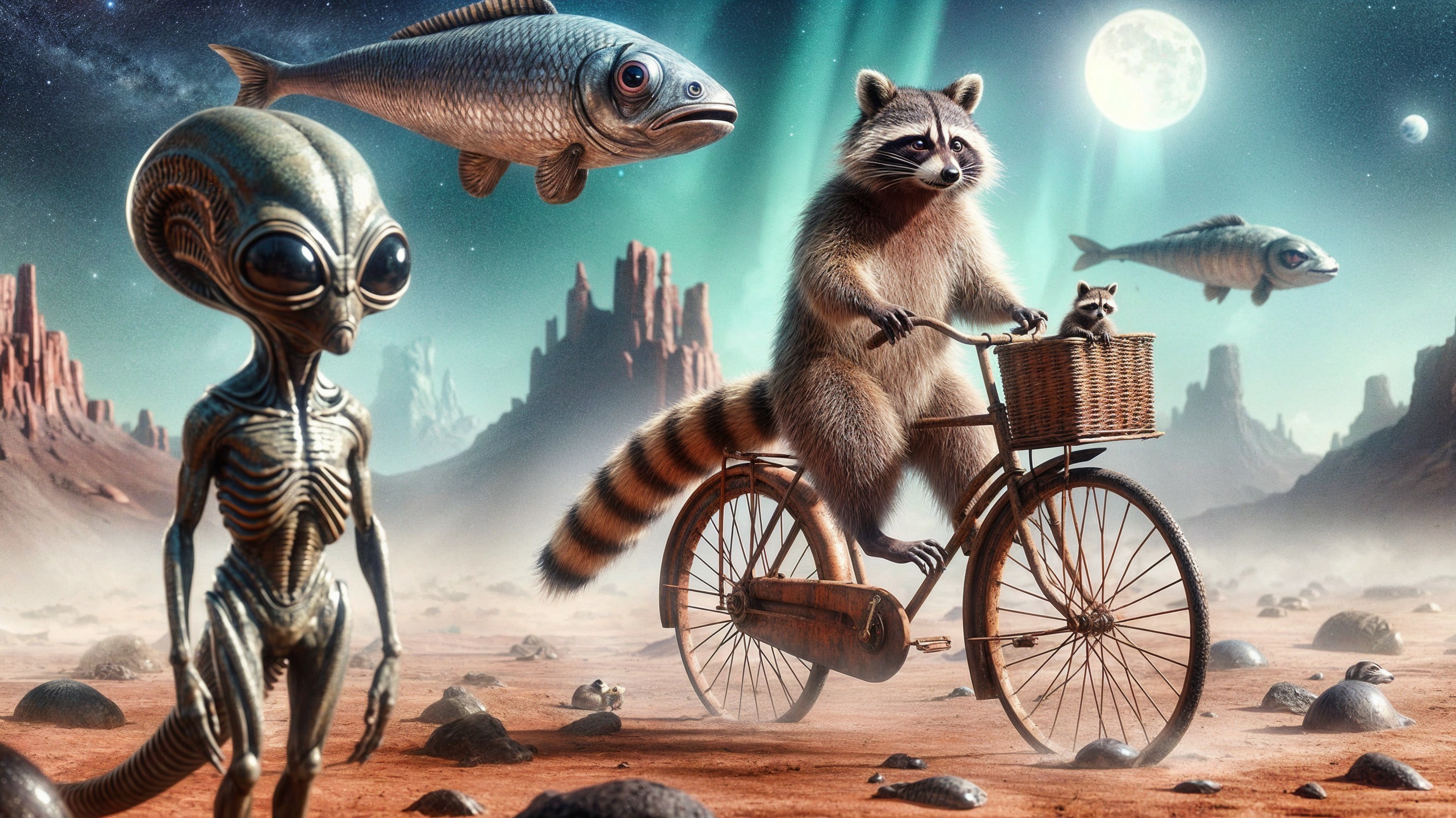 Raccoon on Bicycle in Surreal Extraterrestrial Scene