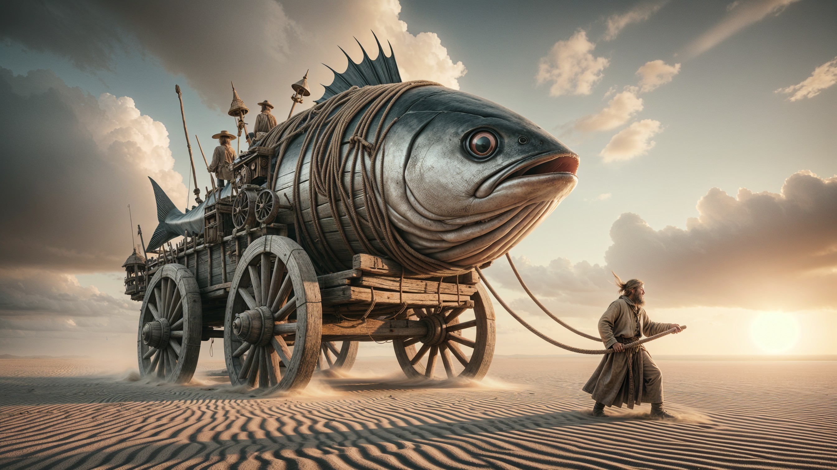 Surreal Fish Vehicle in Whimsical Landscape Scene