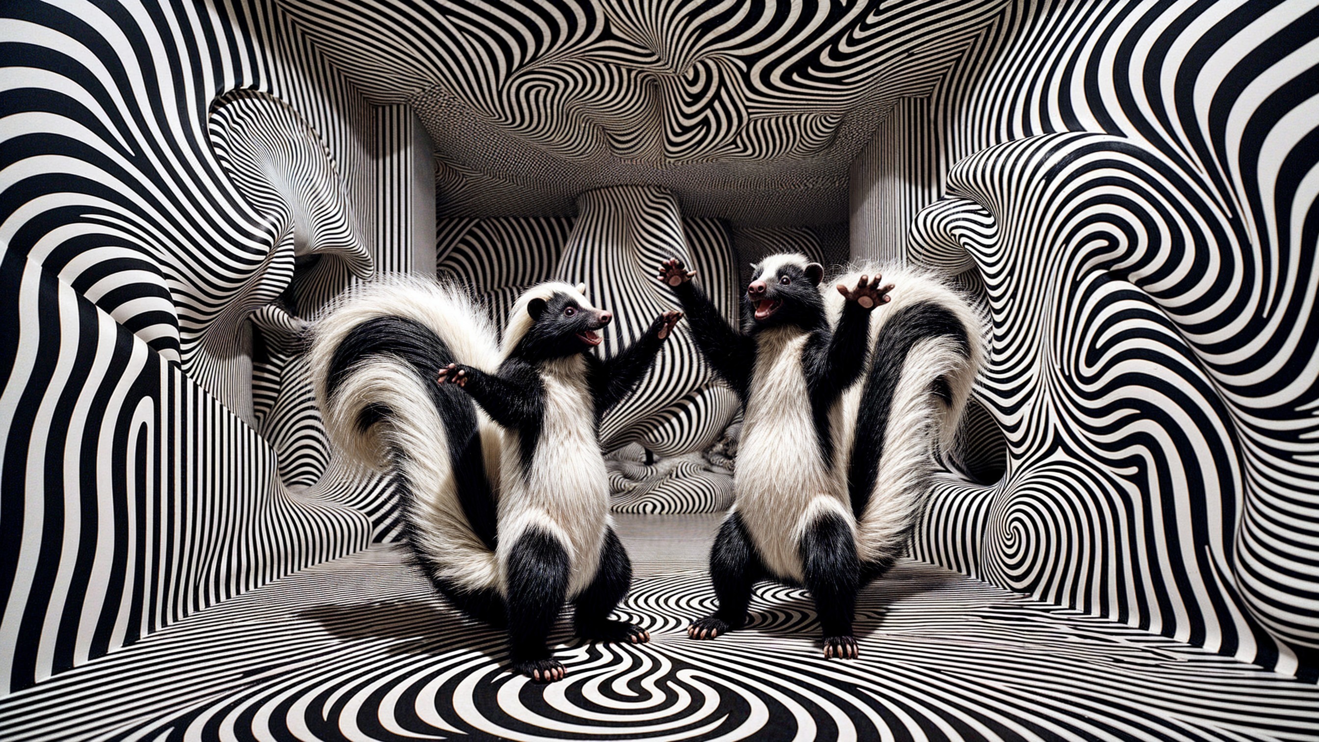 Surreal Room with Playful Skunks and Optical Patterns