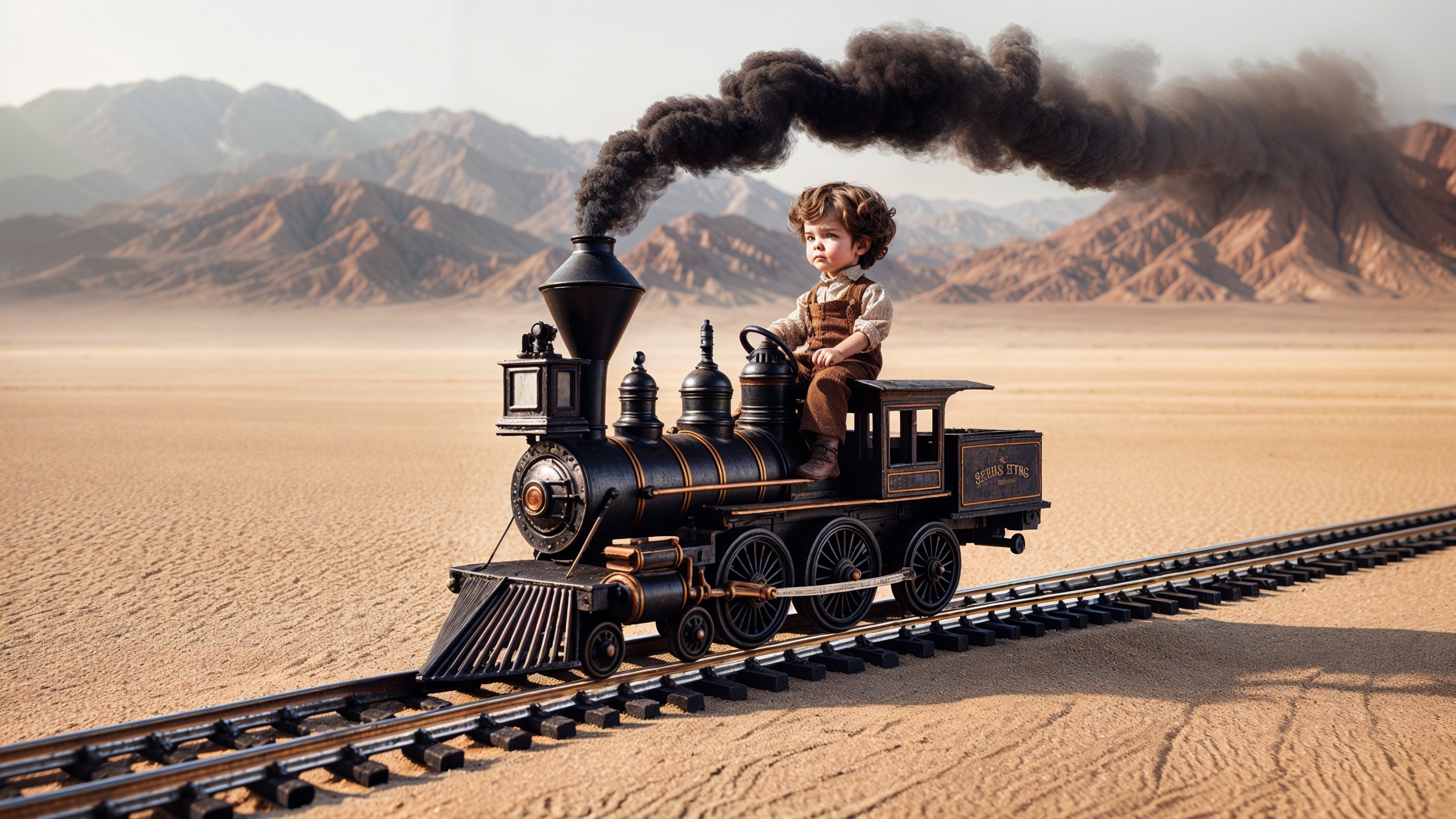 Whimsical Antique Steam Train in Desert Landscape