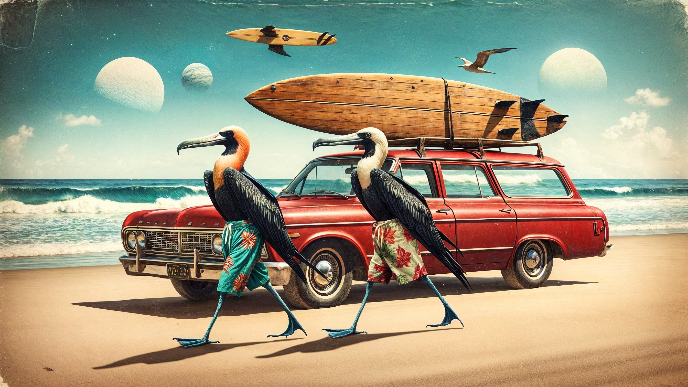 Retro Red Station Wagon with Surfboard at Beach