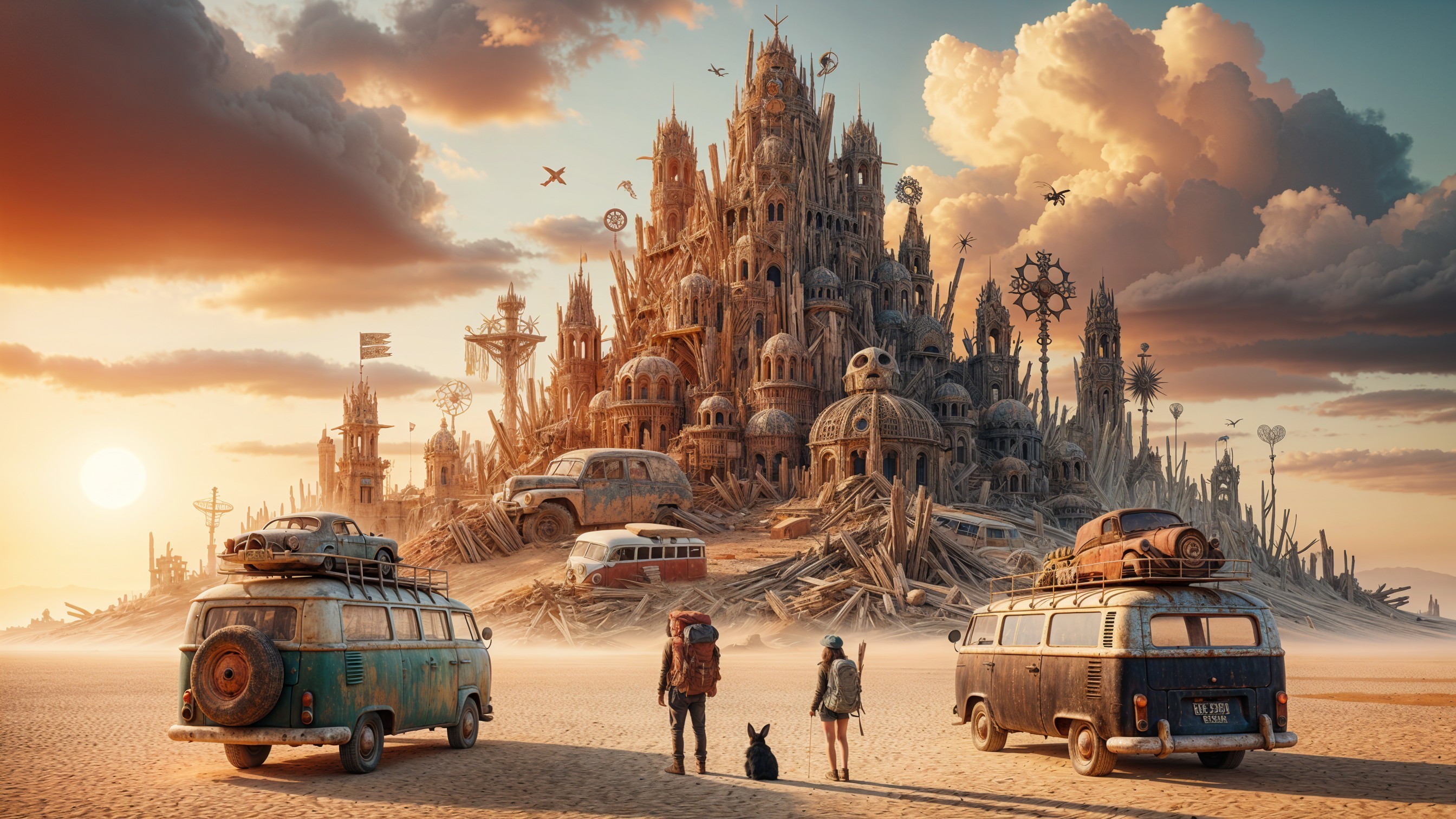Surreal Desert Castle with Travelers and Vintage Vans
