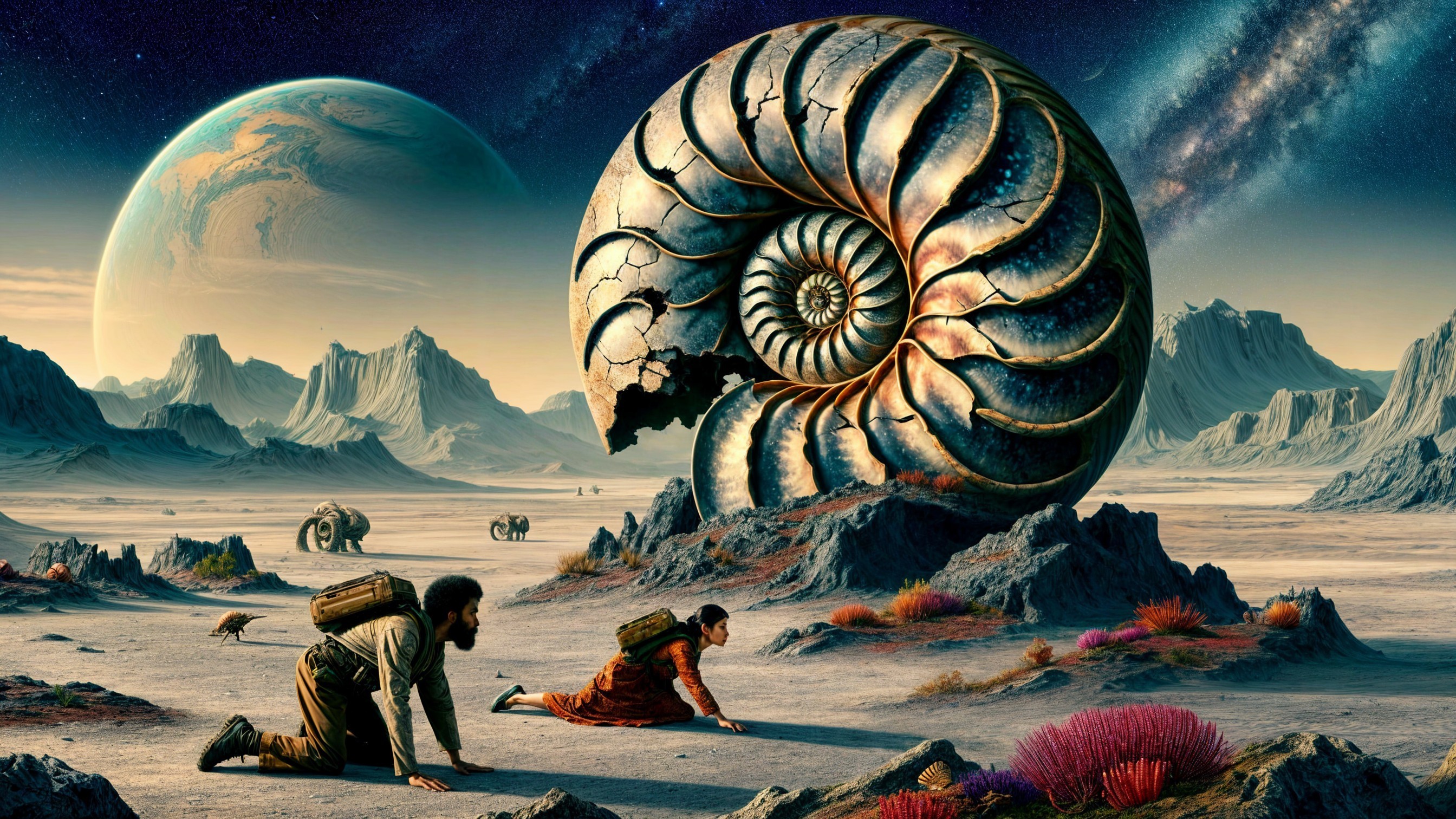 Explorers in an Alien Landscape with Nautilus Shell