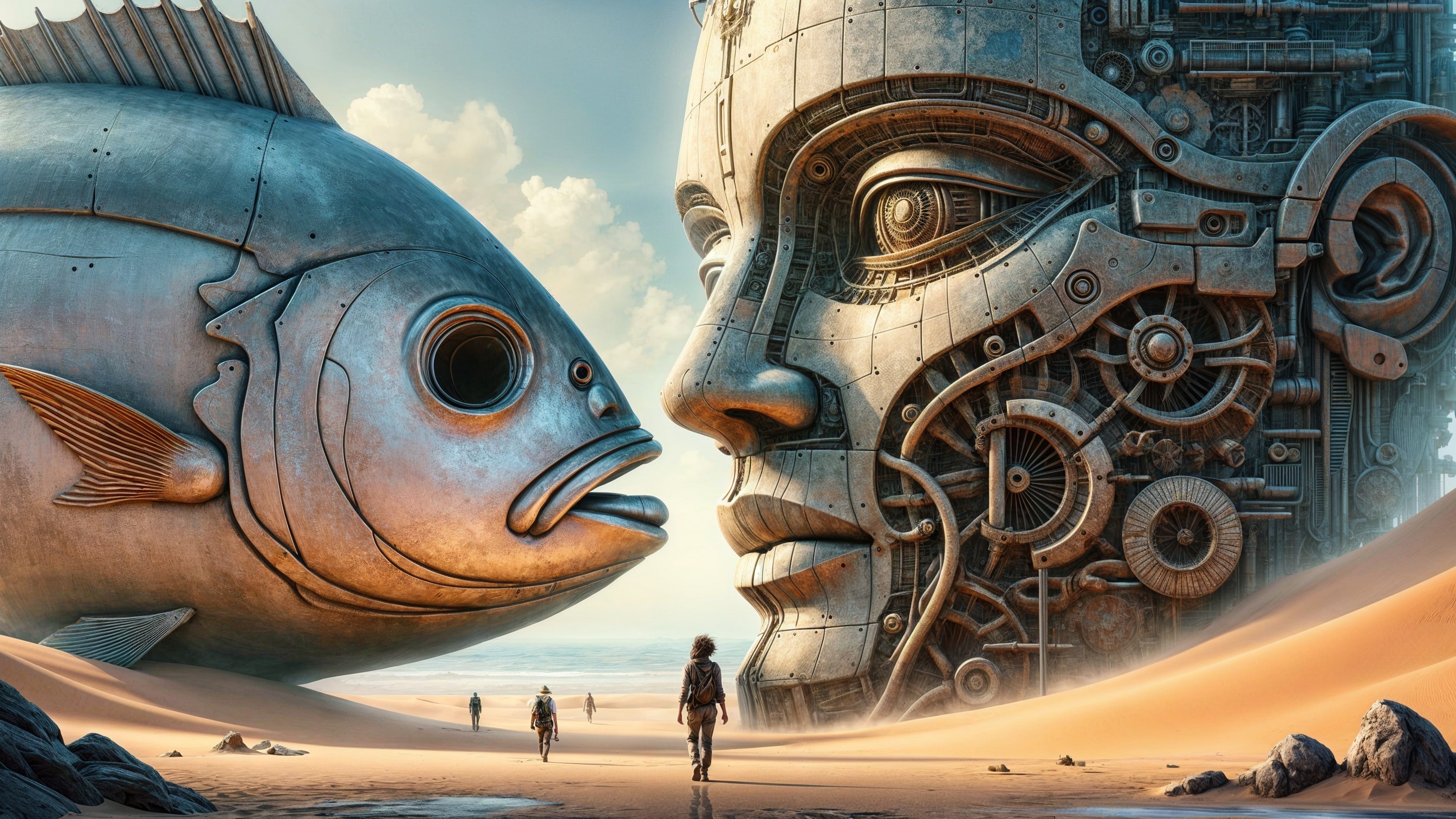 Surreal Landscape with Metallic Fish and Robotic Face