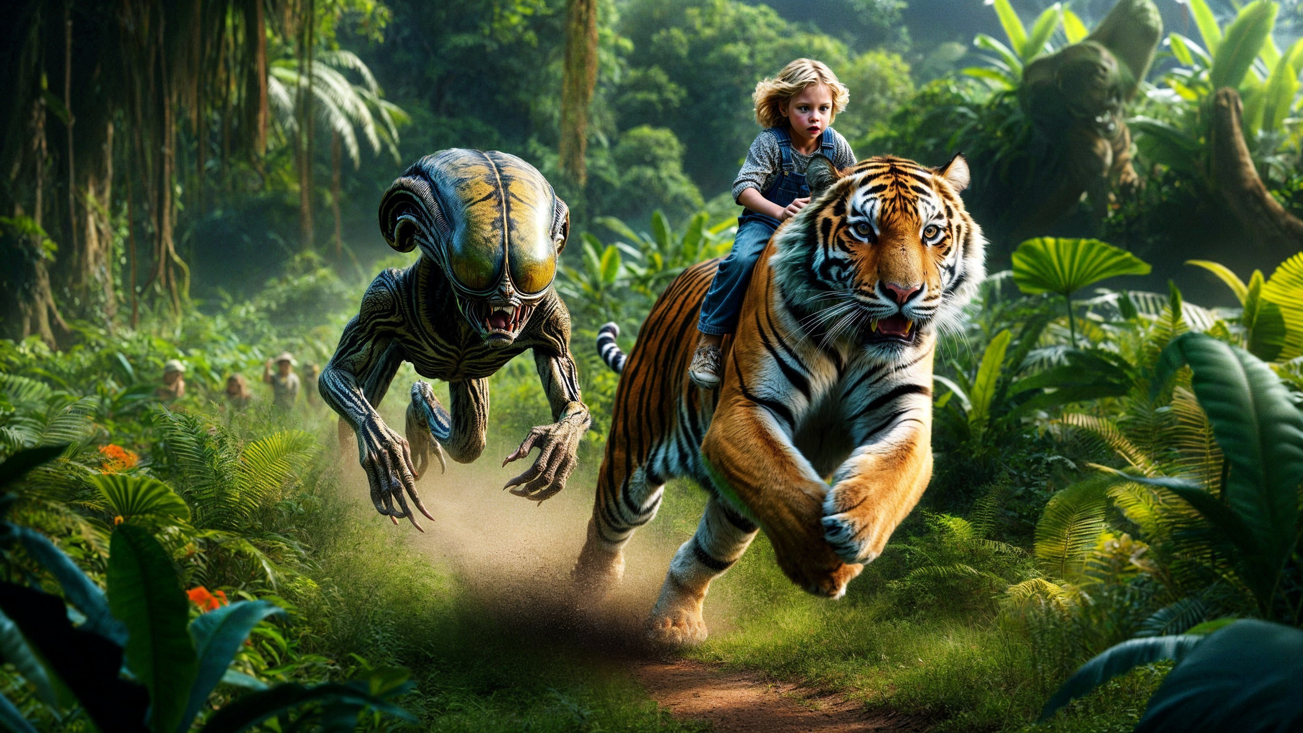 Child Riding Tiger in Jungle with Alien Pursuer