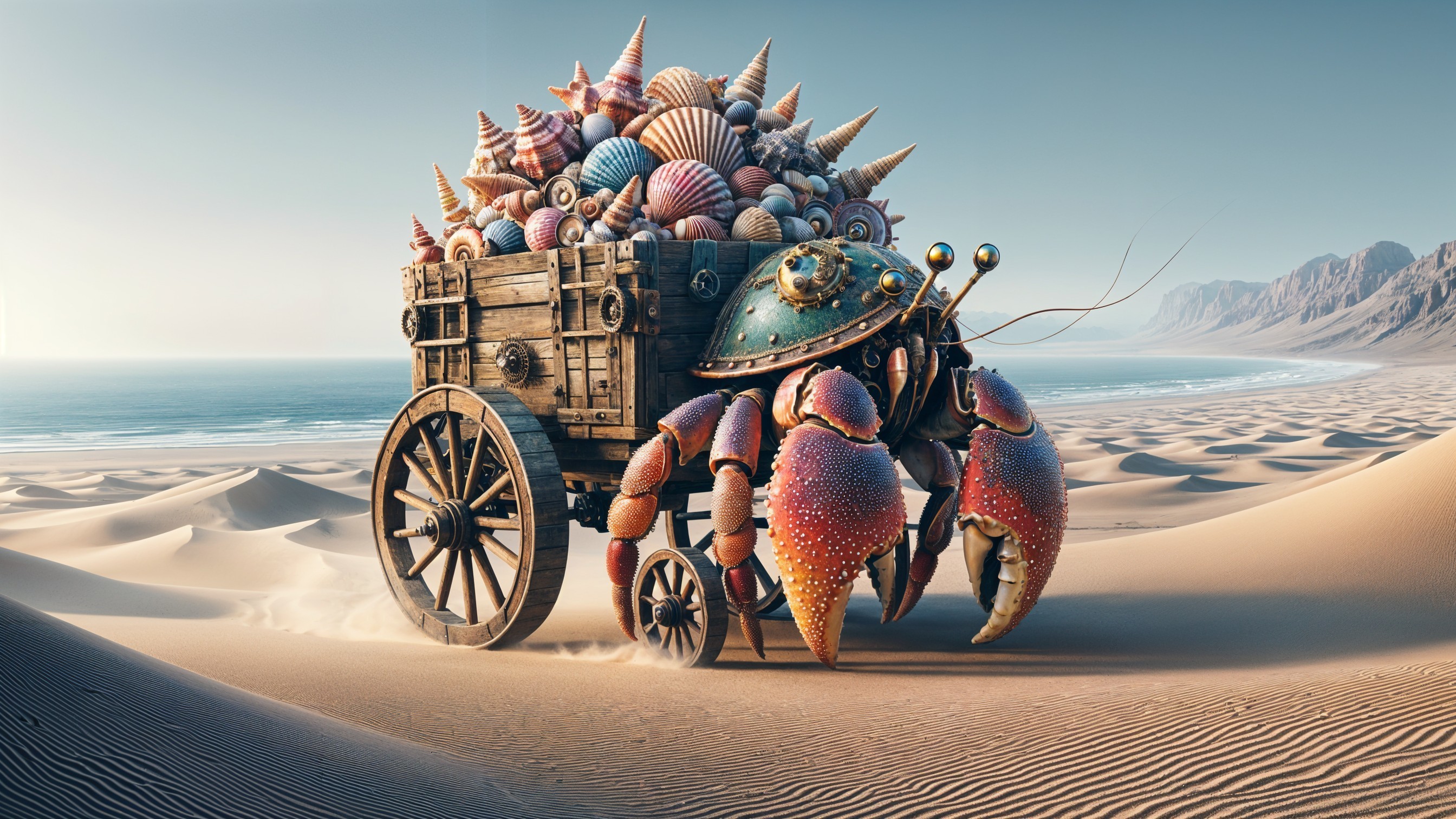 Colorful Crab Pulling Cart of Seashells on Sand Dunes