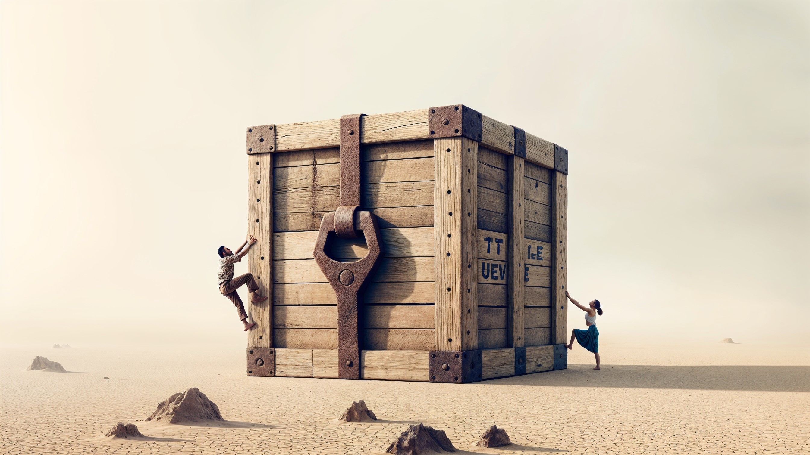Climbing a Giant Wooden Crate in an Arid Landscape