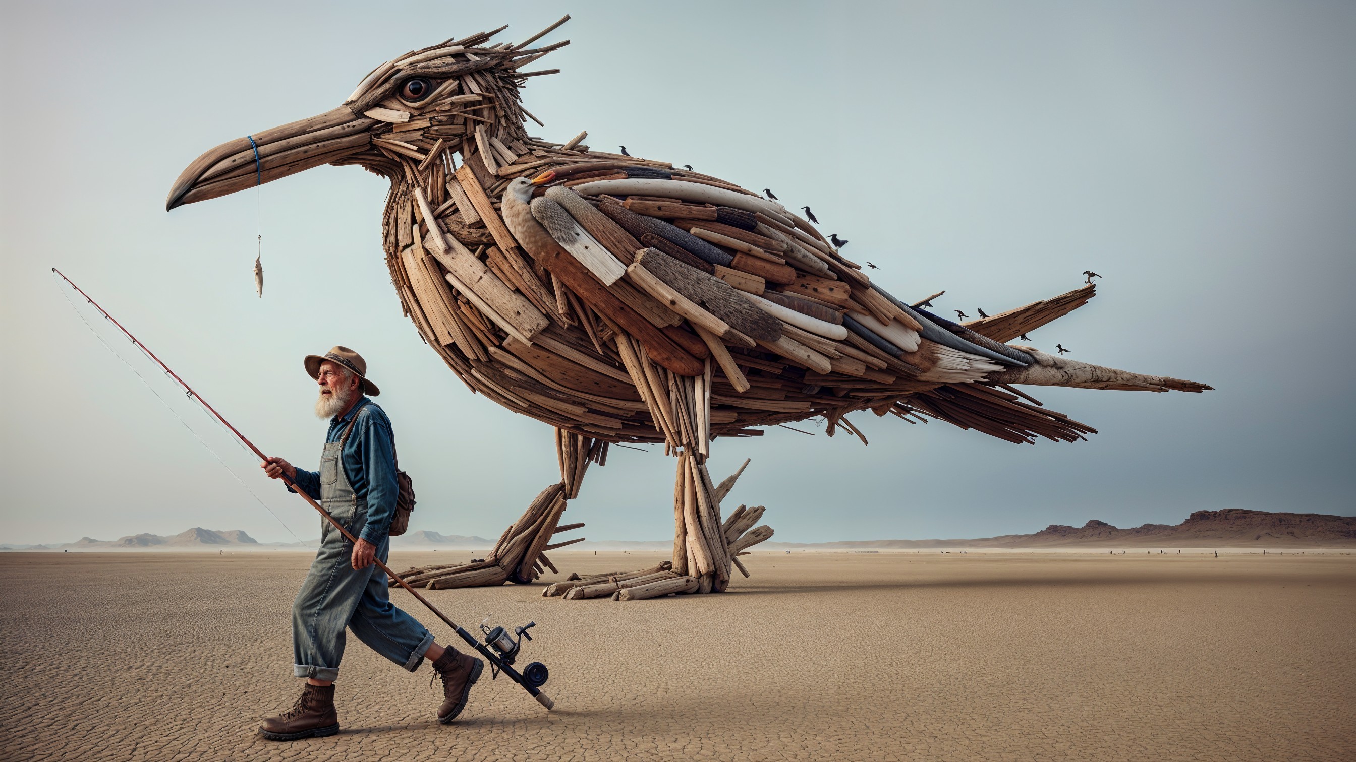 Giant Driftwood Bird in a Barren Landscape Scene