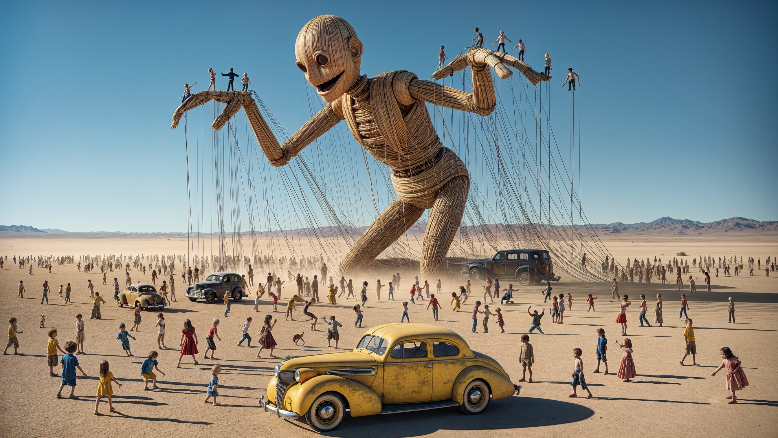 Giant Wooden Puppet Overseeing Desert Crowd Scene