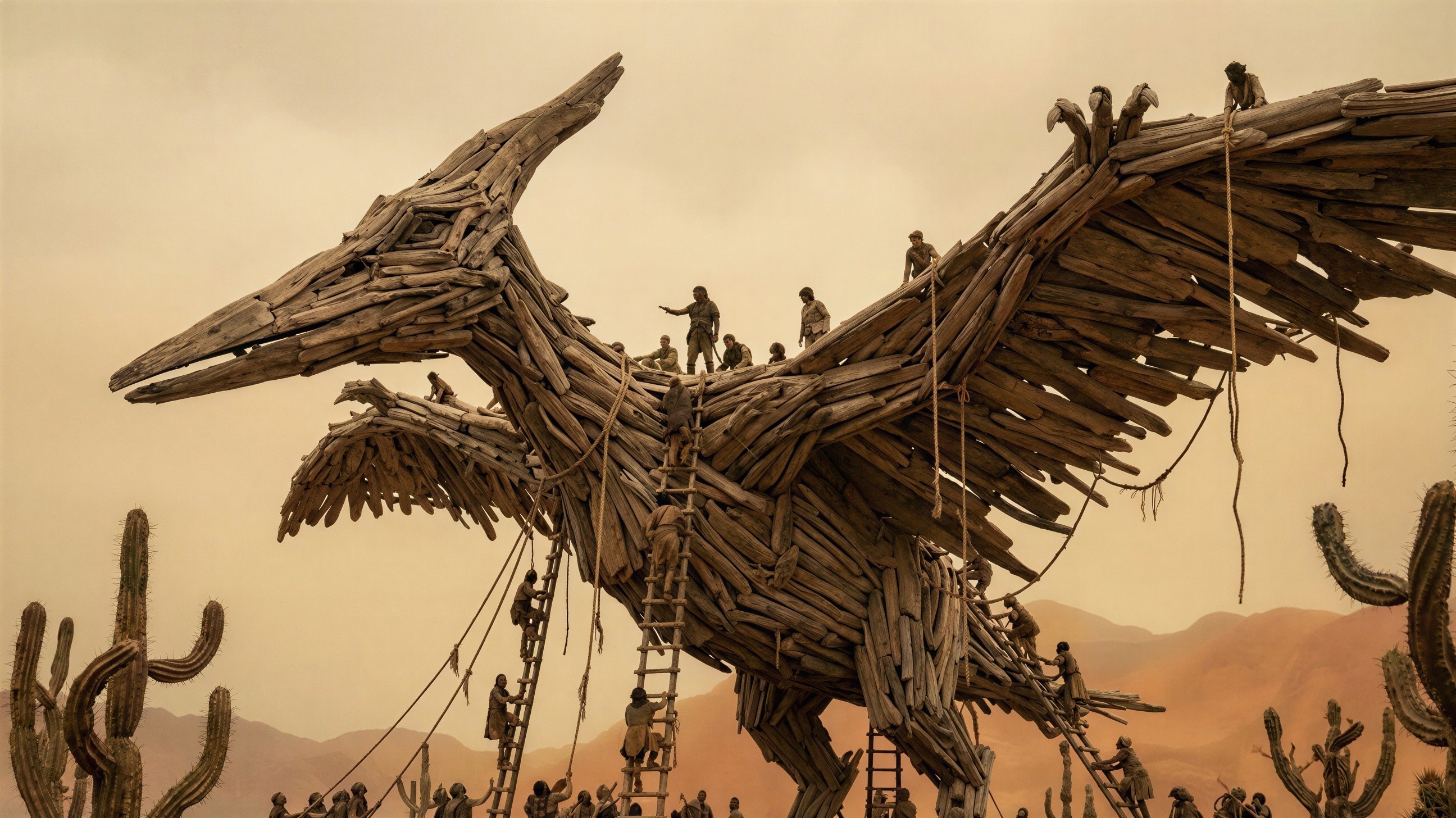Desert Landscape with Large Wooden Pterodactyl Sculpture