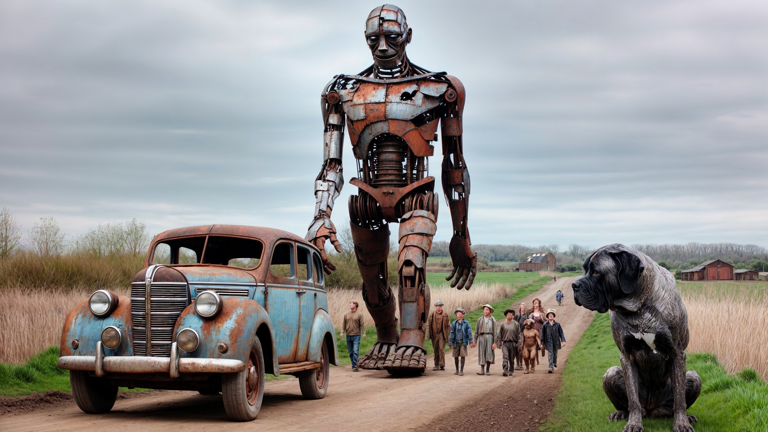 Colossal Rusty Robot in Rural Setting with Vintage Car