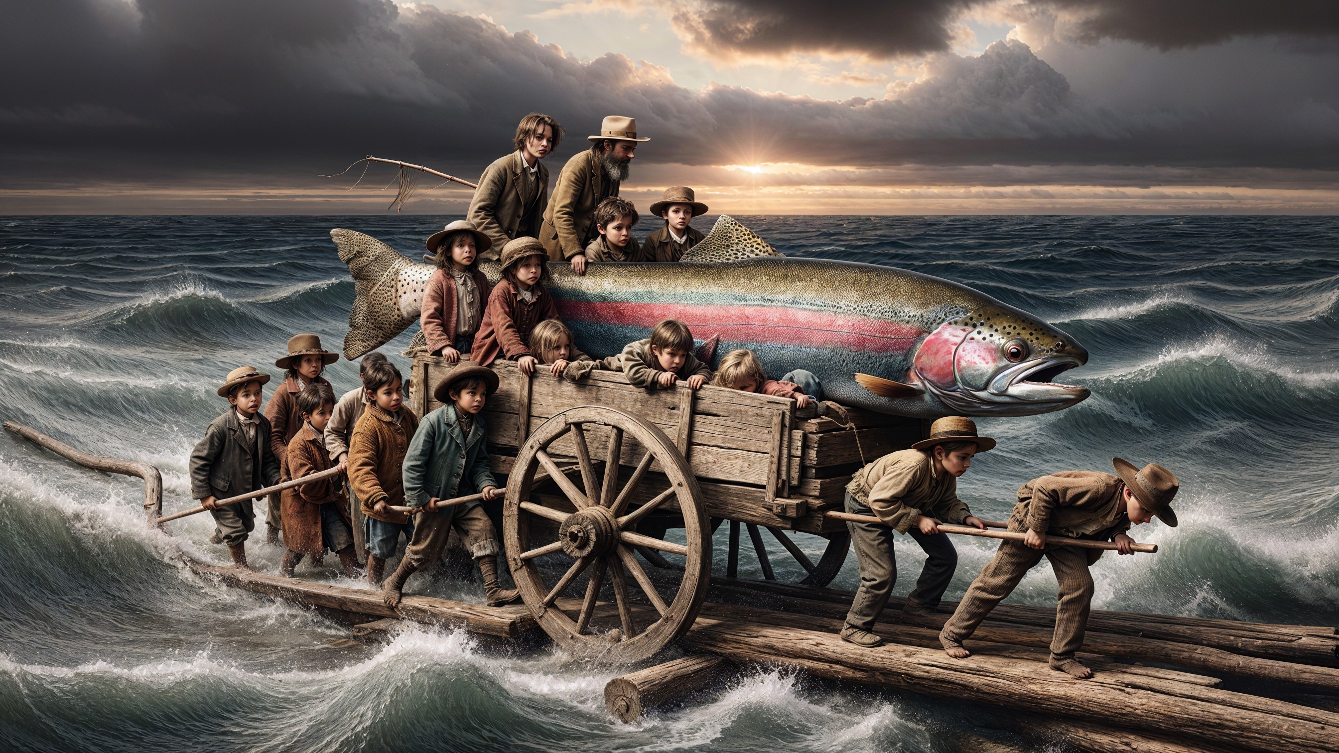 Children and adults on a raft with a large fish