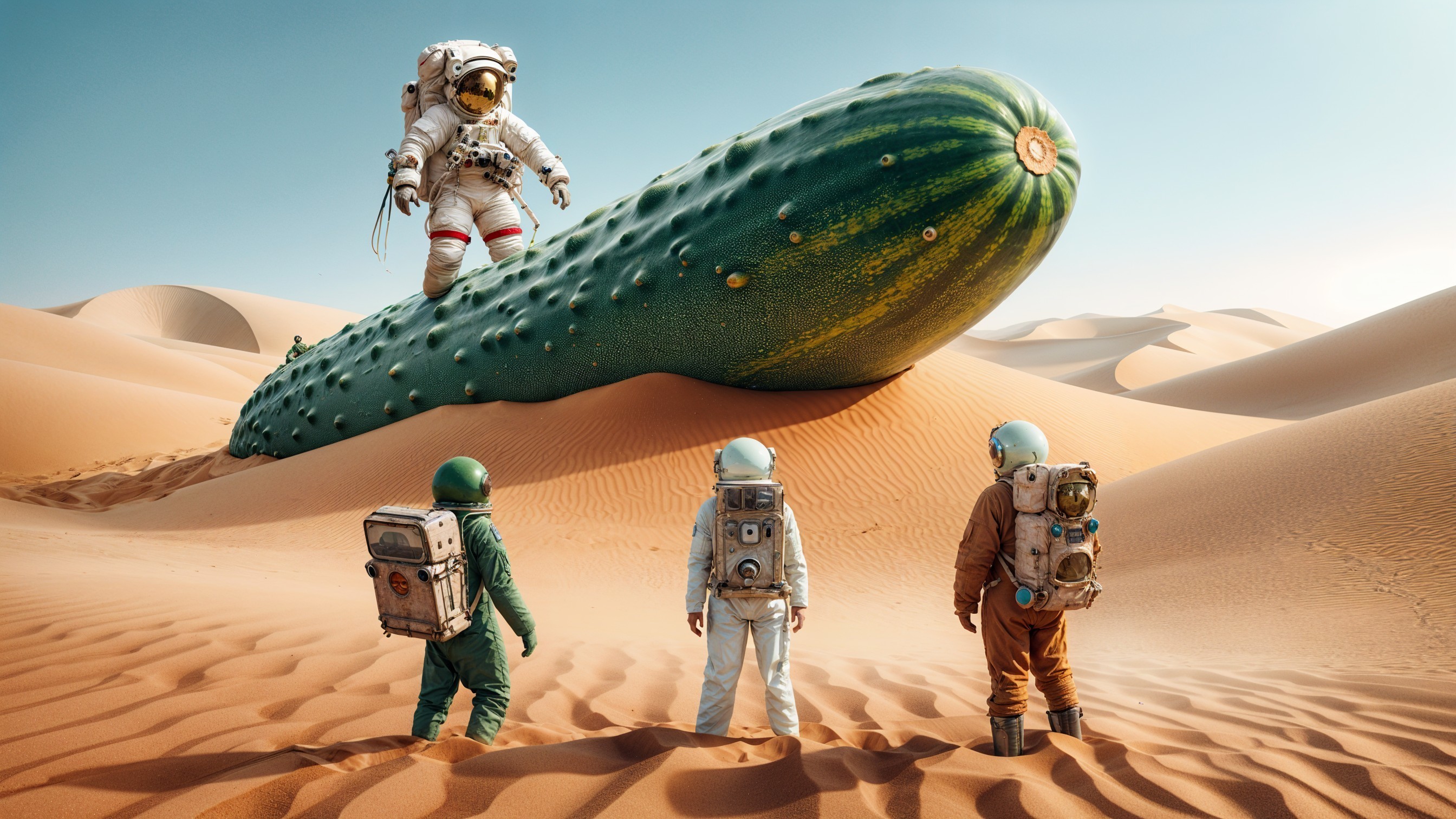 Astronauts in a surreal desert with giant cucumber