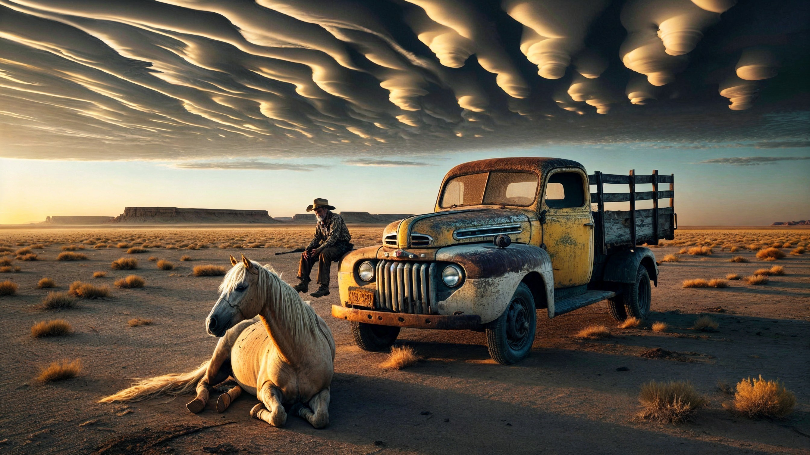 Weathered Truck and Horse in Dramatic Sunset Landscape