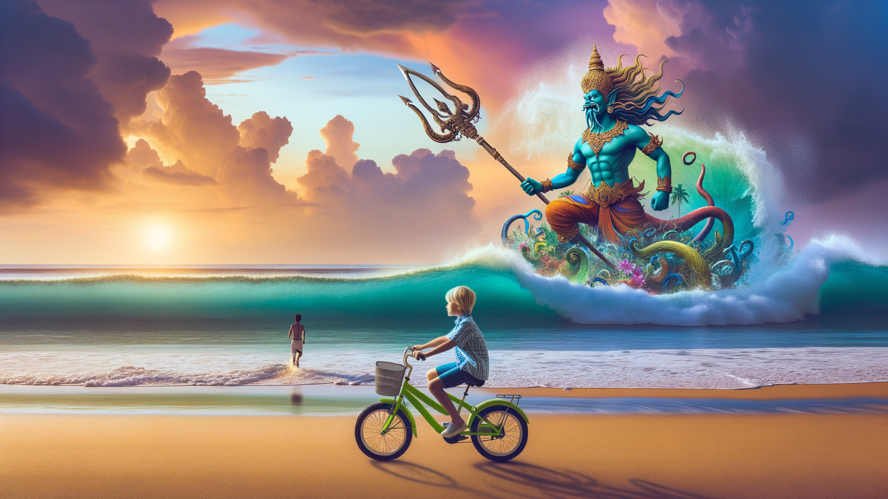 Vibrant Beach Sunset with Child and Mystical Figure