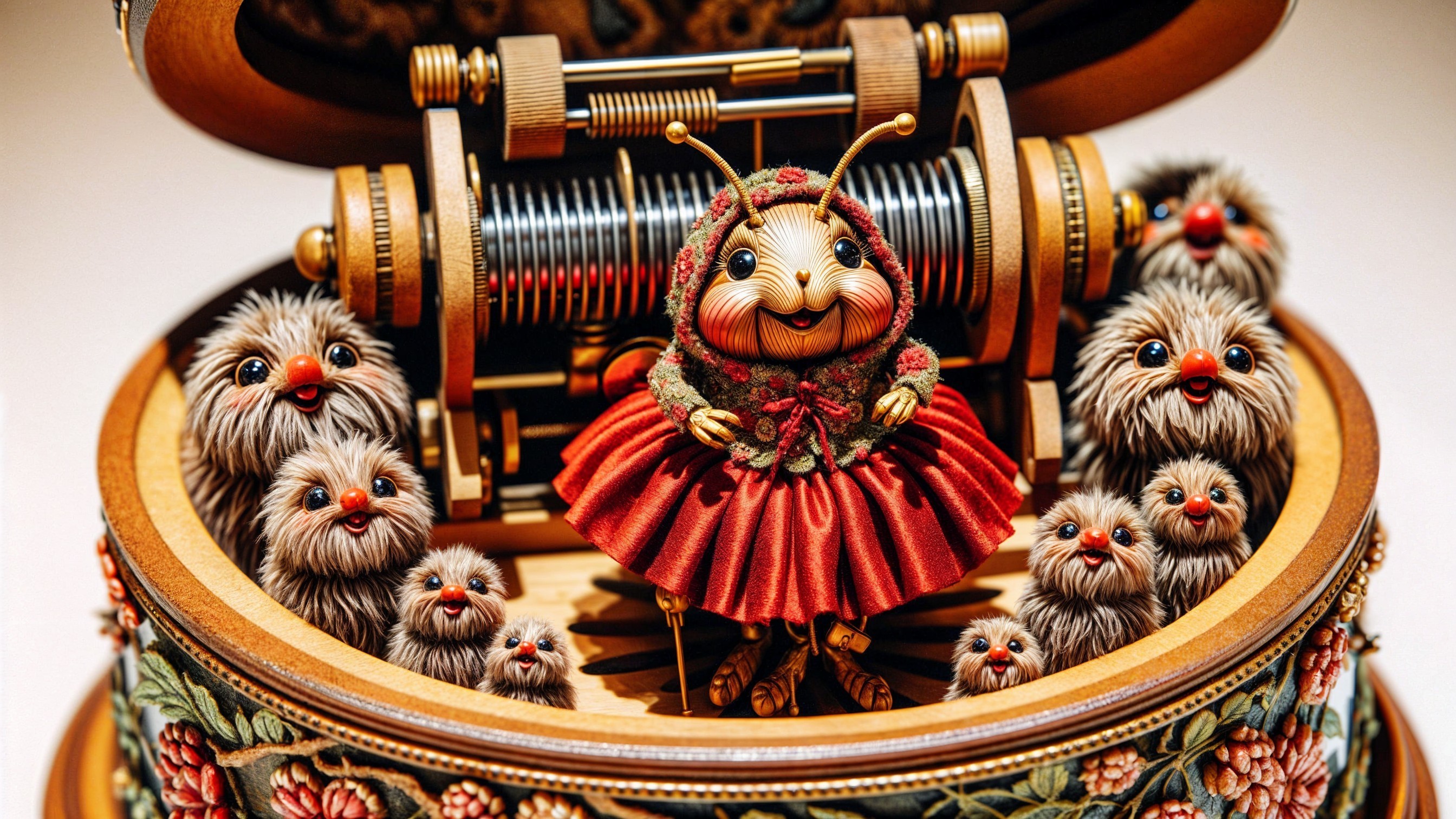 Whimsical Music Box with Insect Figure and Floral Carvings