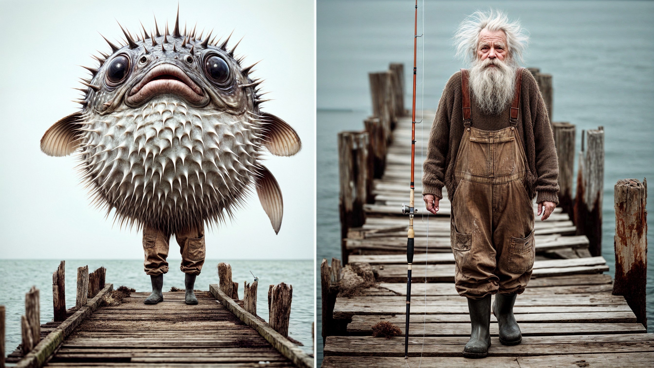 Cartoonish Pufferfish and Fisherman on a Dock