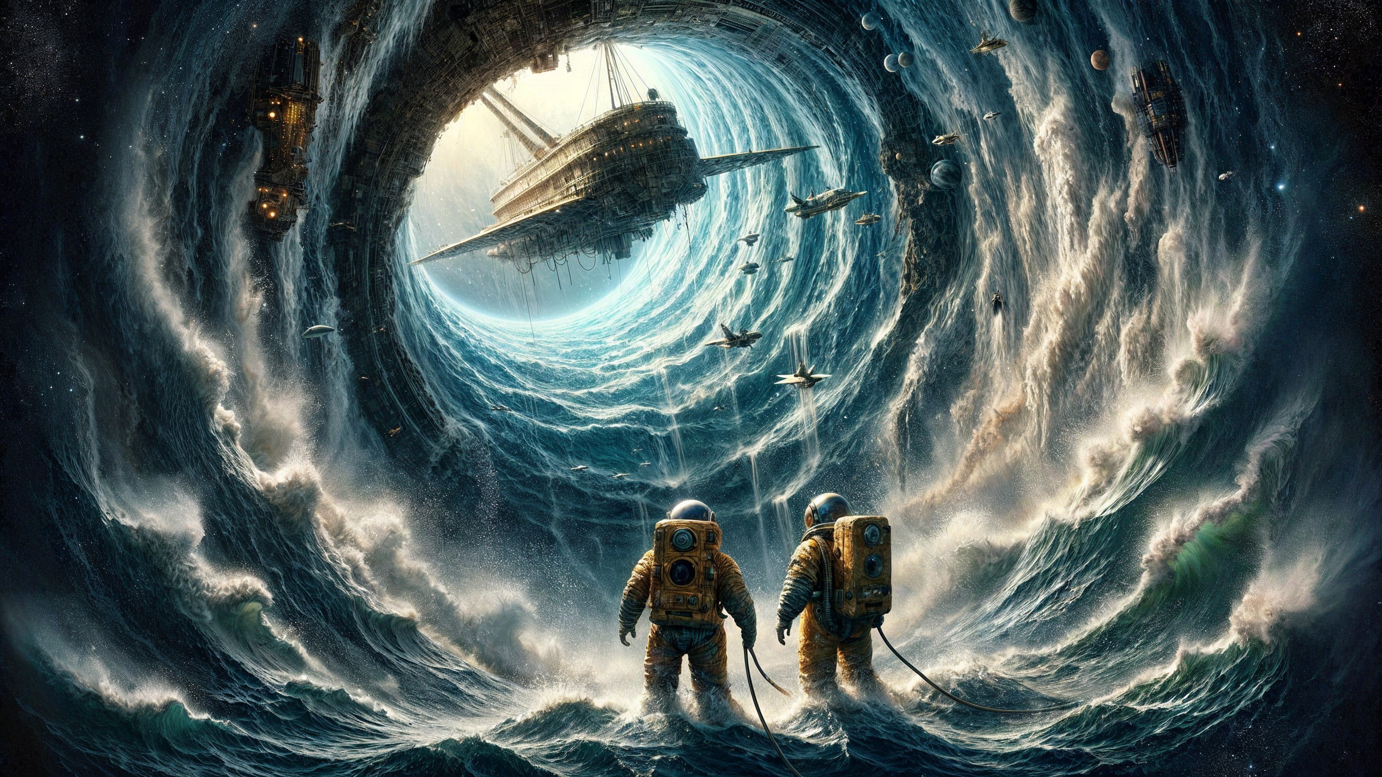 Astronauts at Vortex with Ship and Ocean Waves