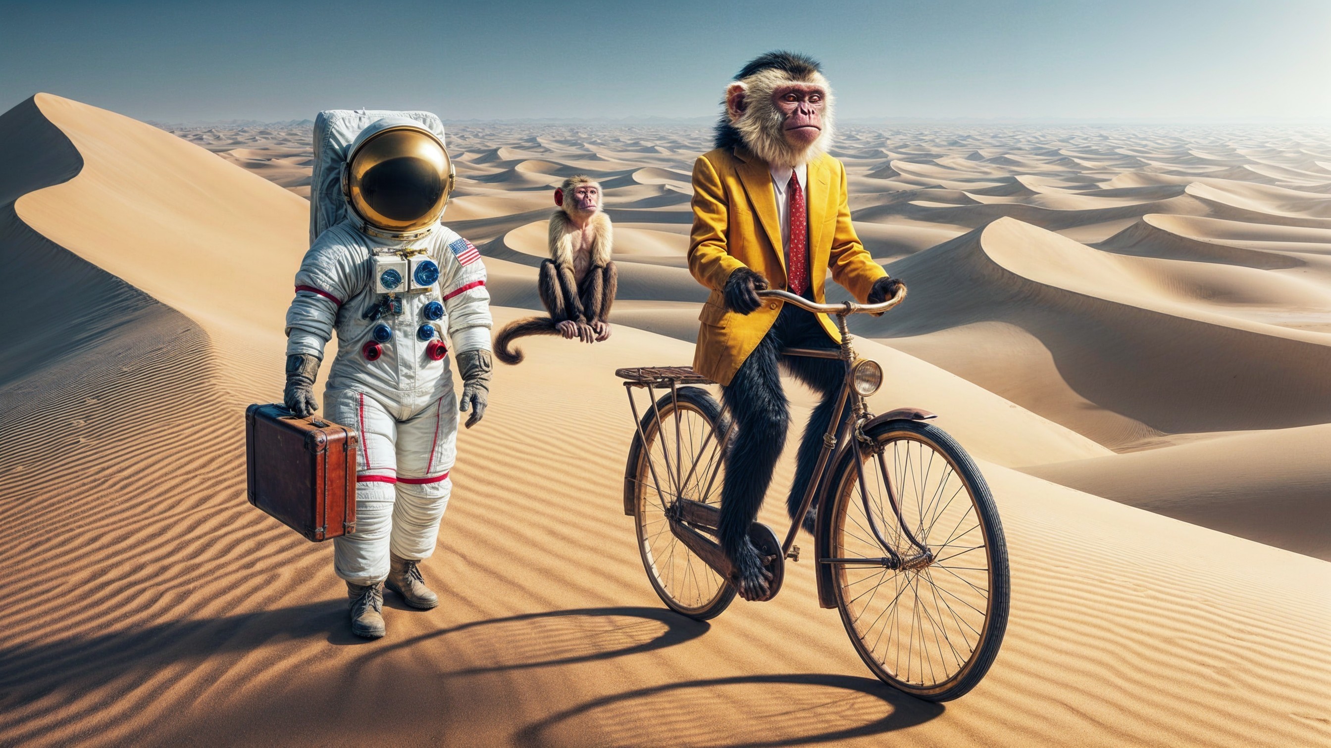 Surreal Desert Scene with Astronaut and Monkeys
