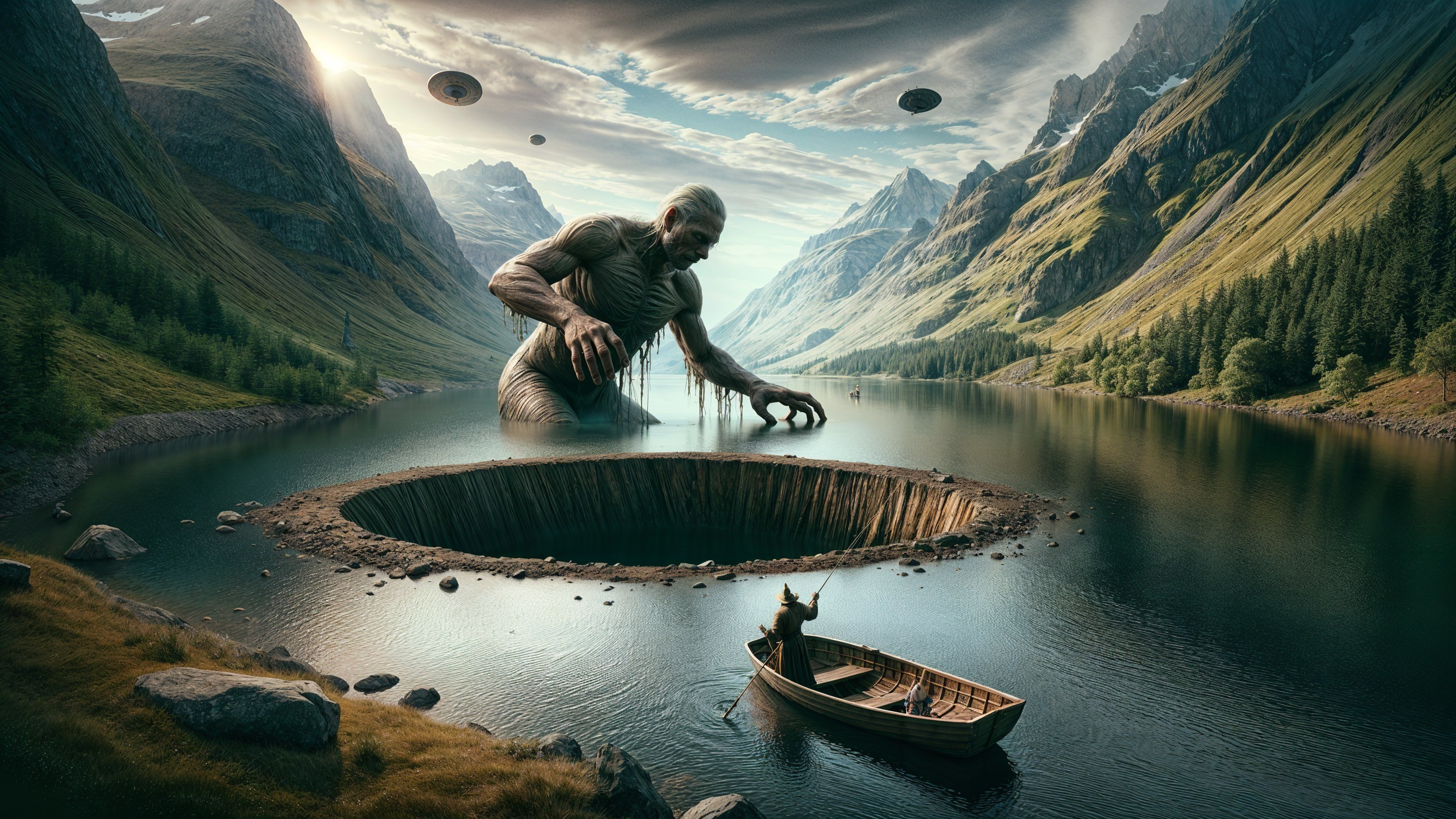Majestic Valley with Colossal Figure and Tranquil Lake