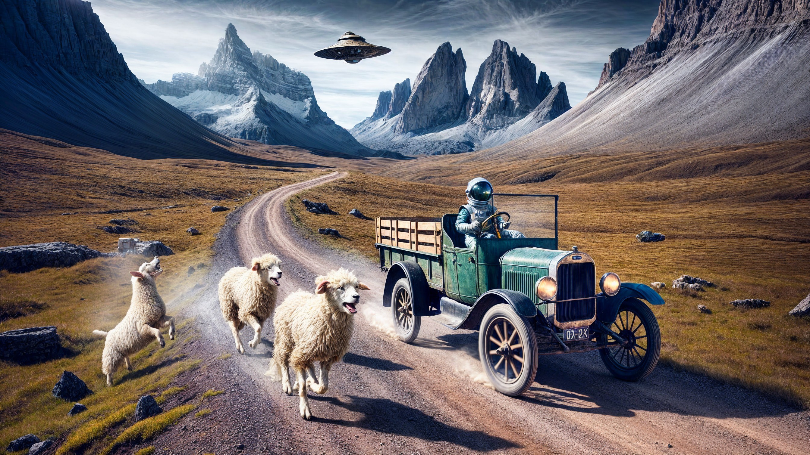 Astronaut in Vintage Truck on Rugged Mountain Road