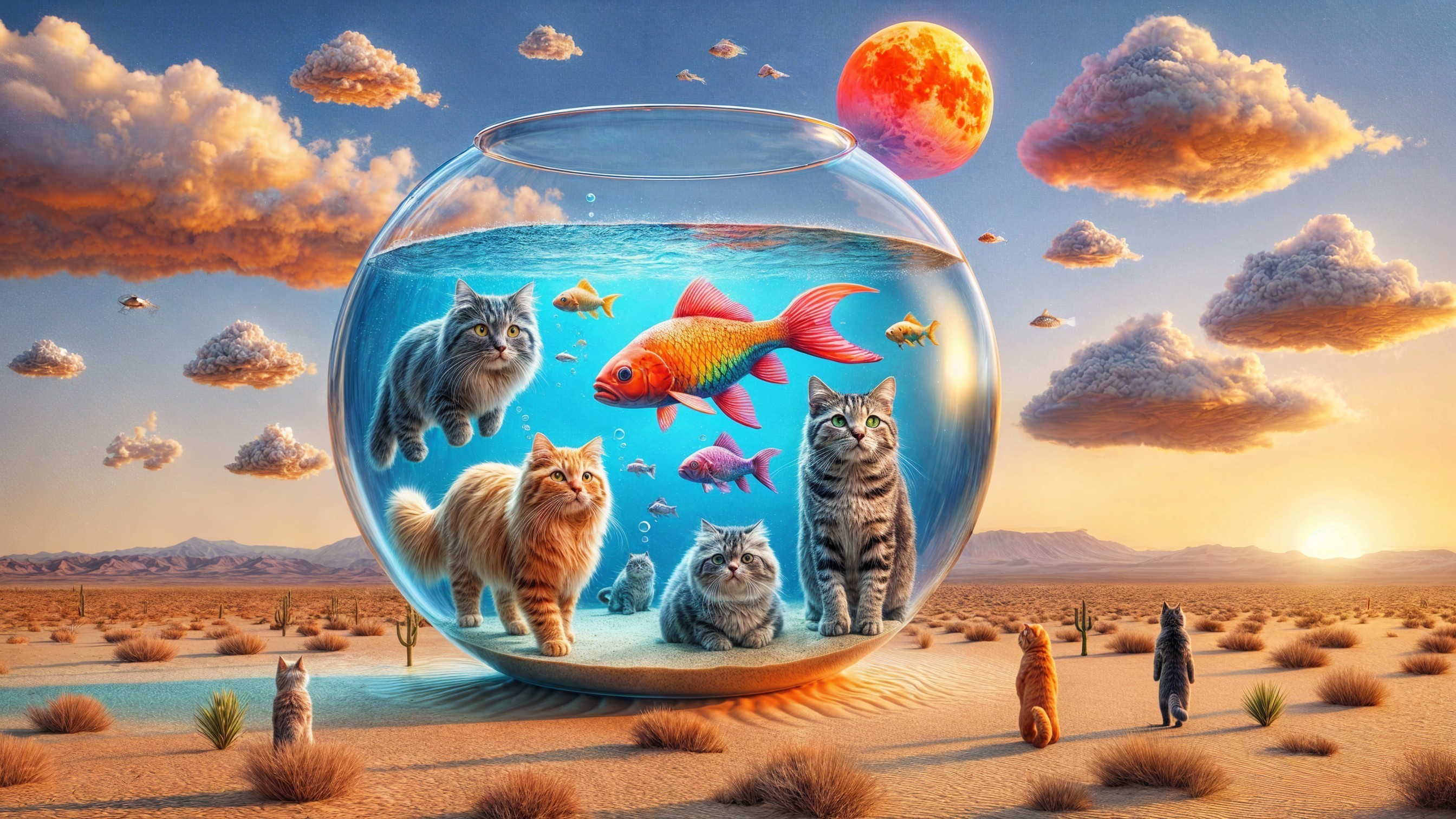 Surreal Desert Scene with Cats and Colorful Fish