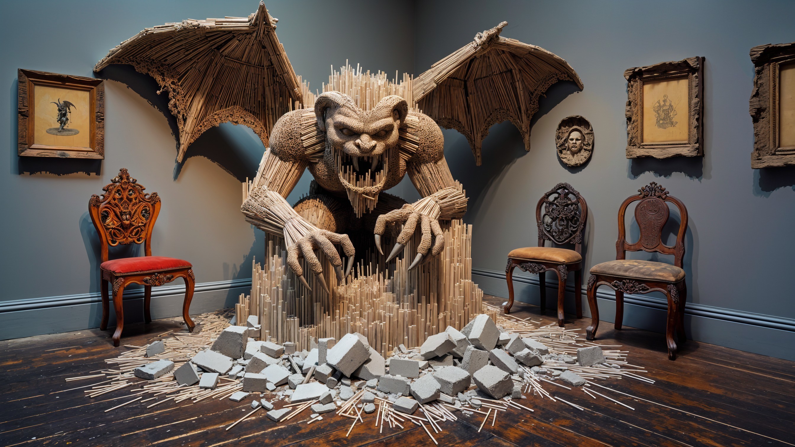 Dramatic Sculpture of Menacing Creature in Gallery