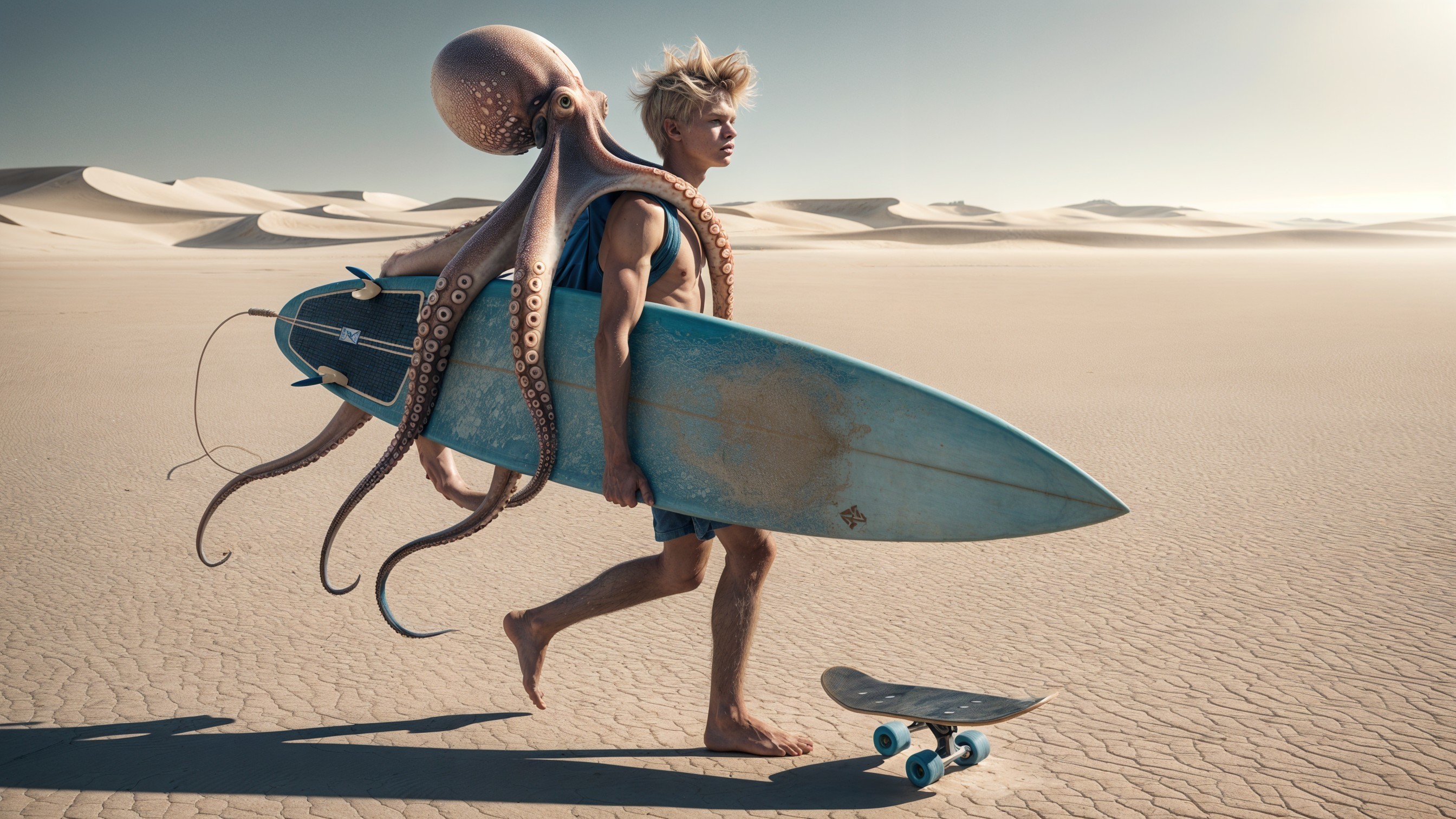 Young man with surfboard and octopus in desert dunes