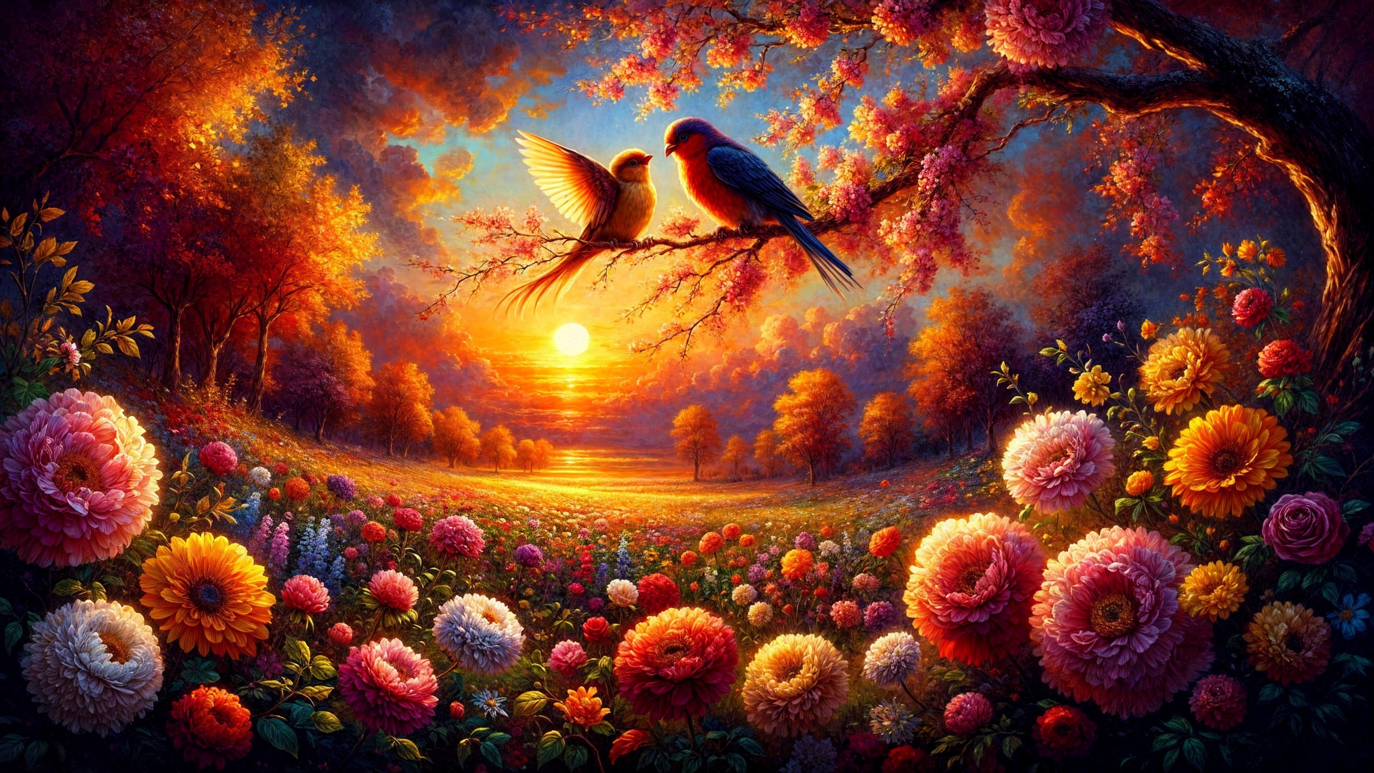 Sunset Over Vibrant Spring Landscape with Birds