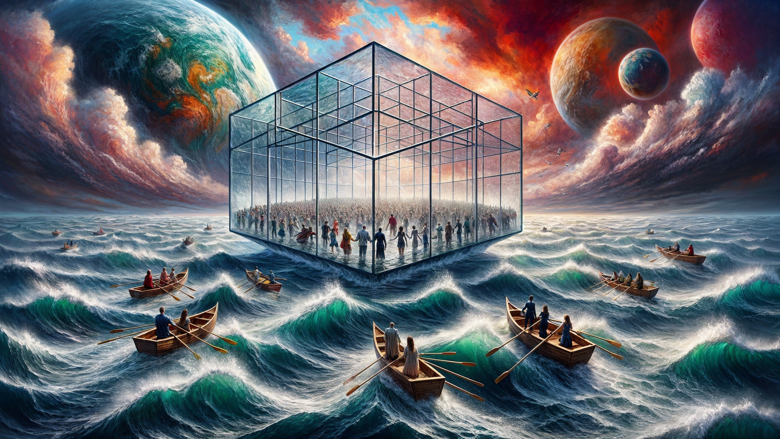 Surreal Cosmic Landscape with Enclosed Diverse Crowd