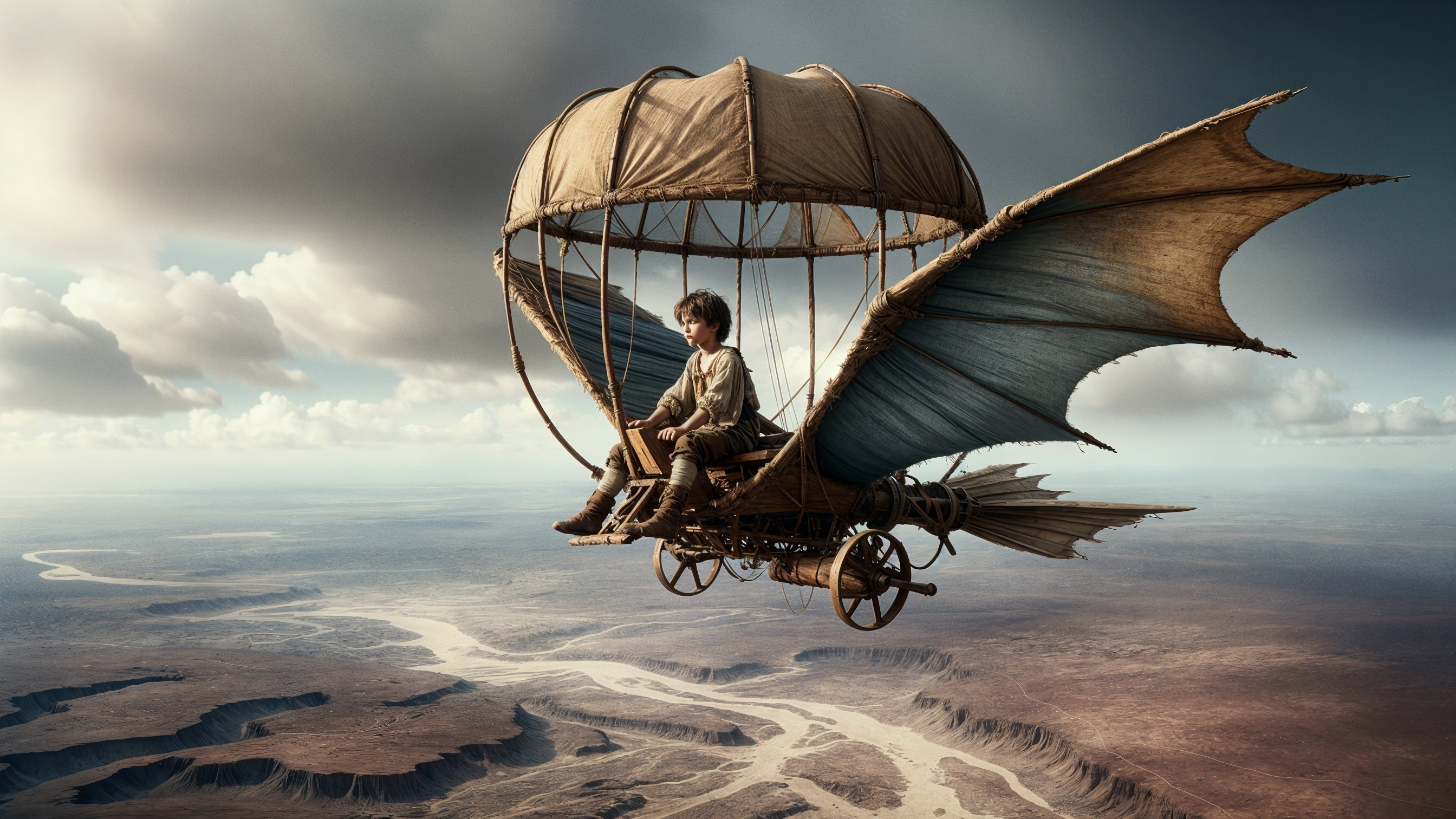 Steampunk Hot Air Balloon in Arid Landscape Scene