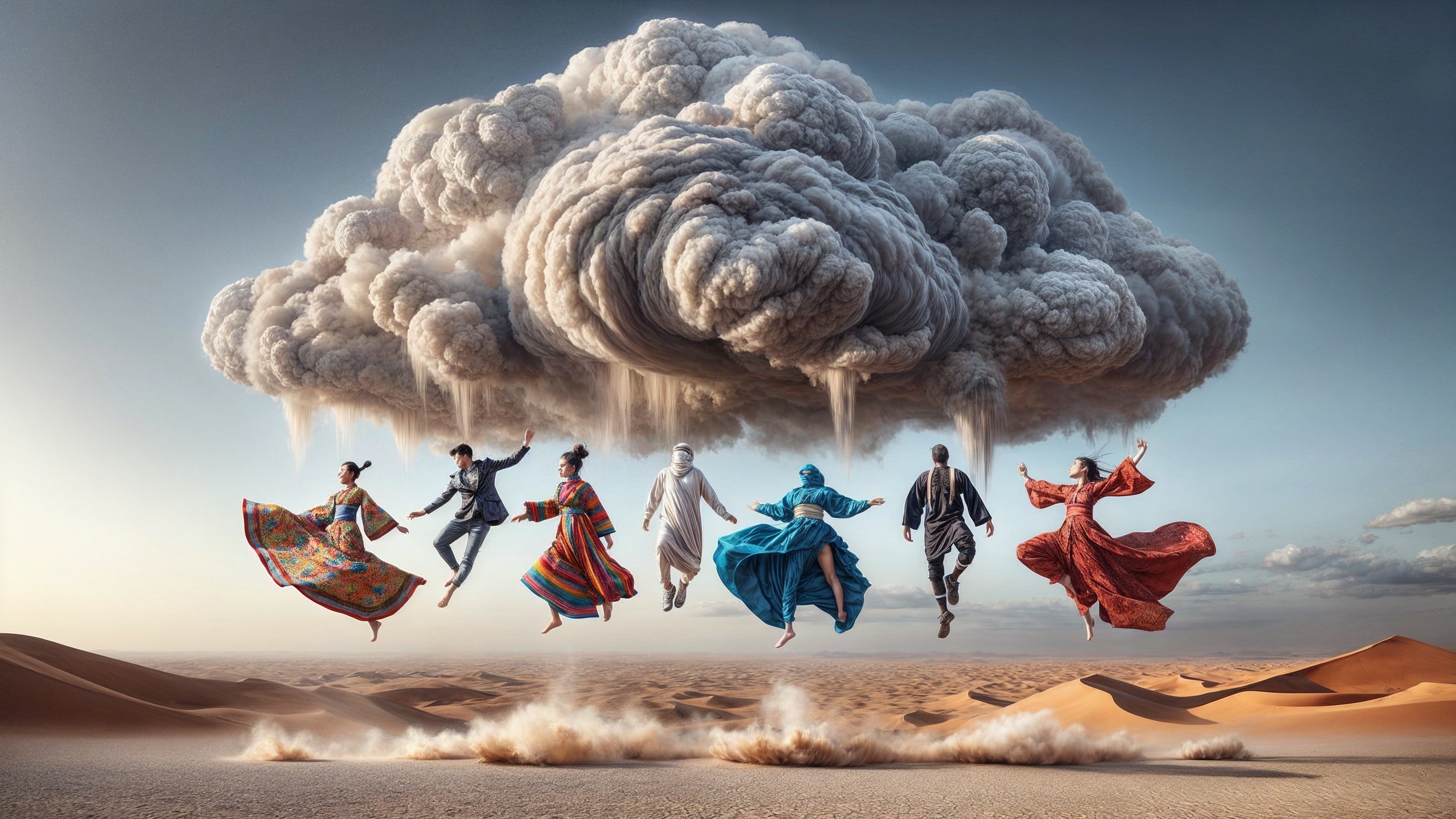 Surreal Desert Scene with Colorful Figures and Rain