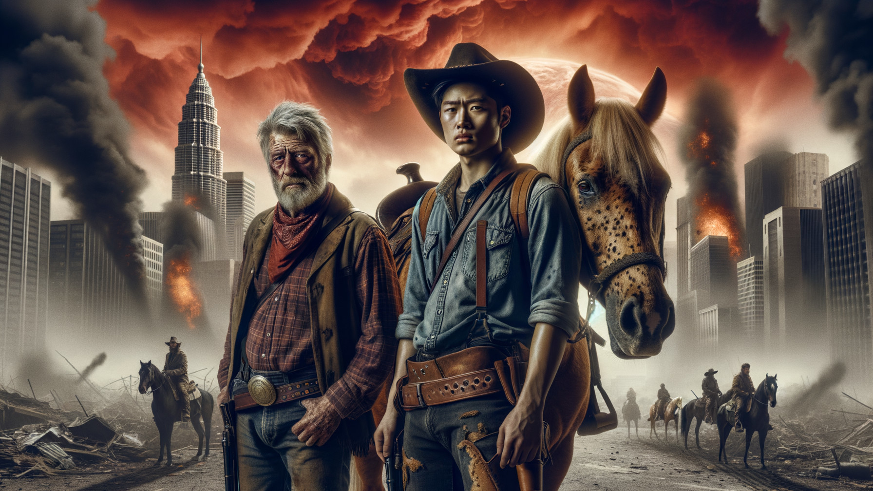 Cowboy and Gunslinger in Post-Apocalyptic Cityscape