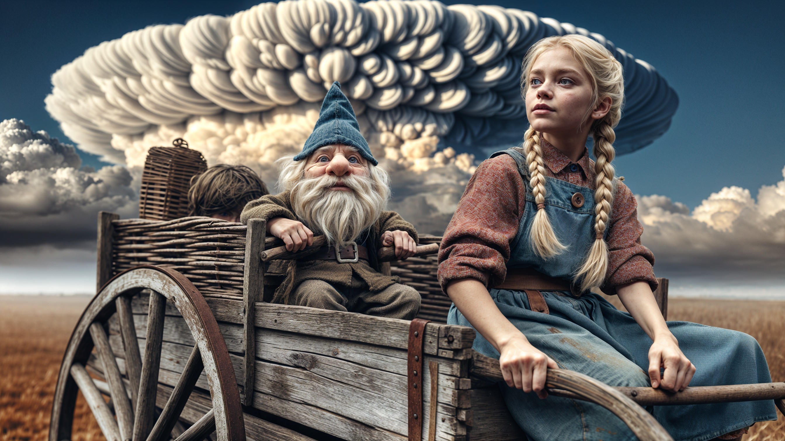 Young girl and gnome in a cart with stormy backdrop