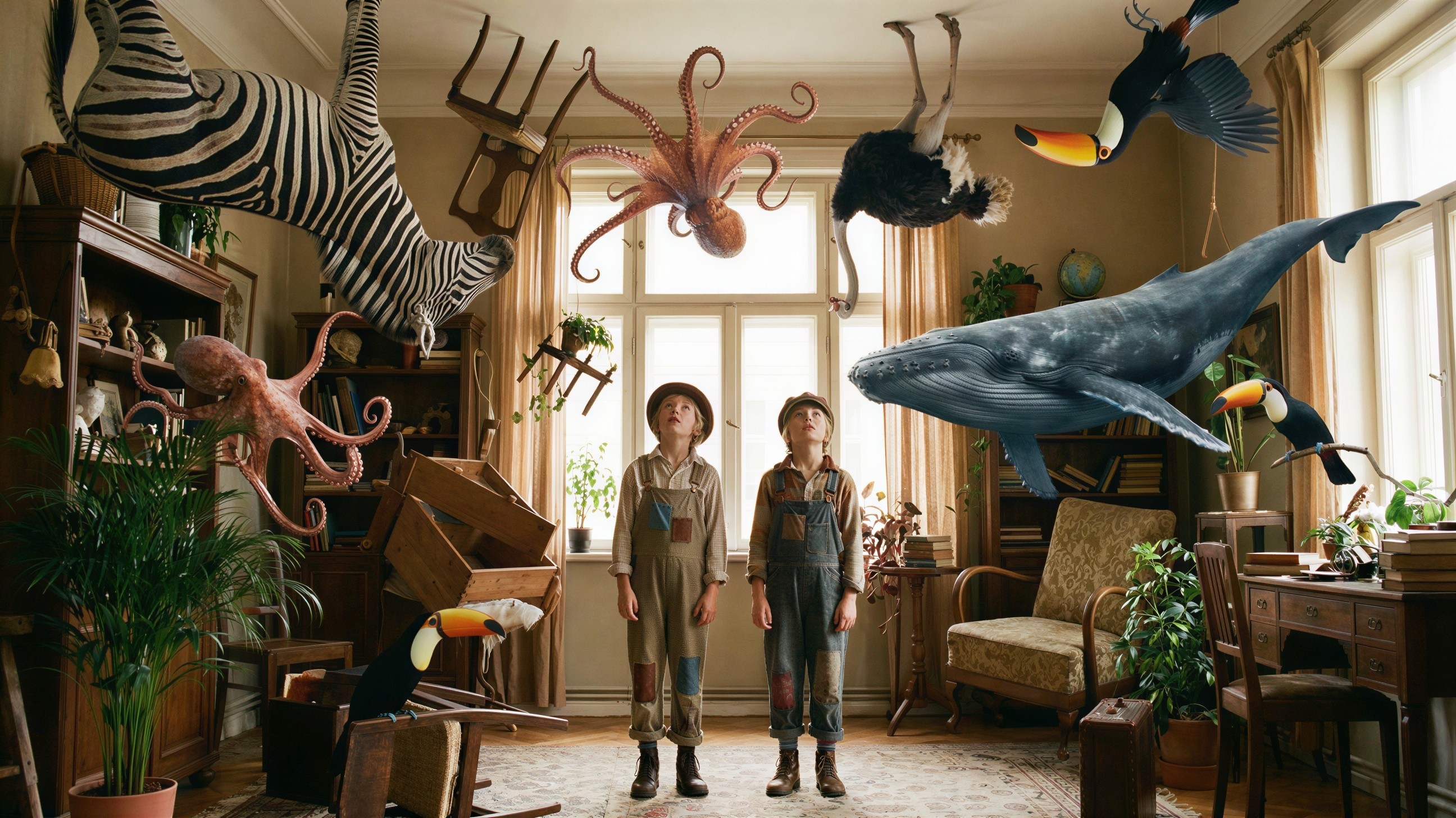 Boys in Upside Down Room with Animals and Chaos