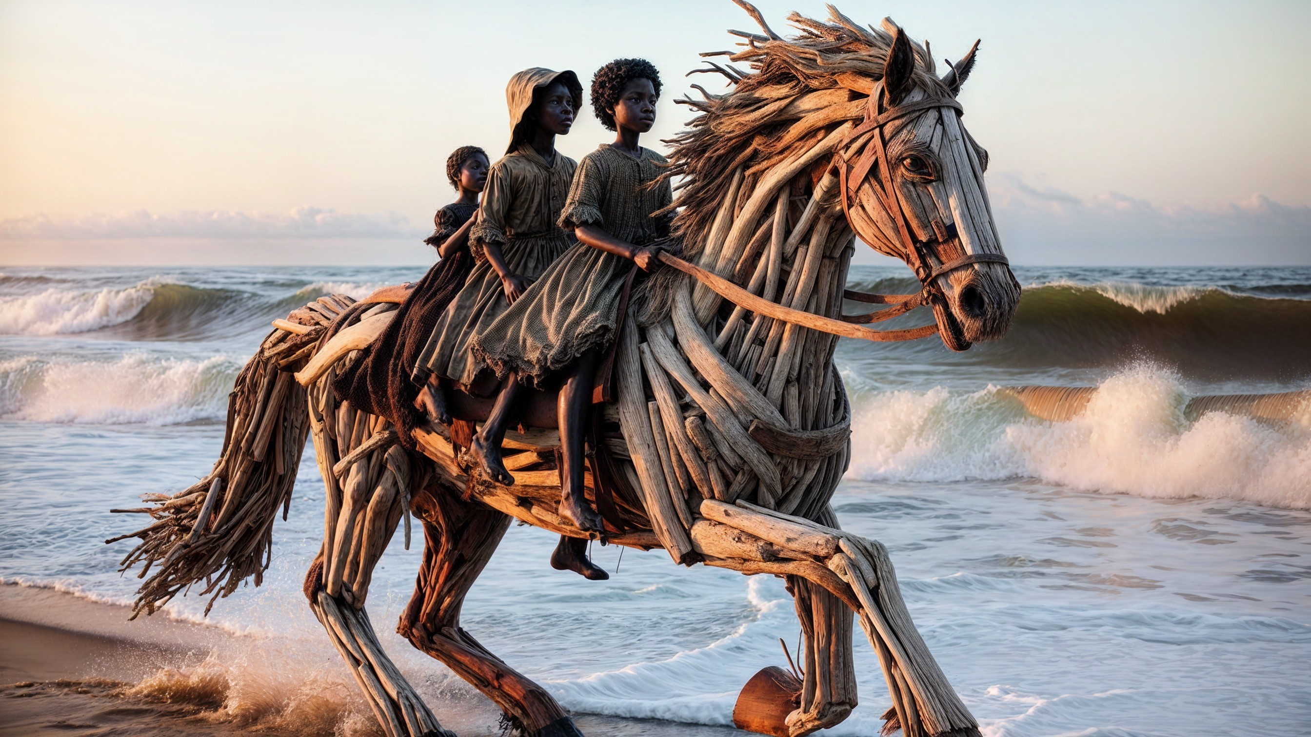 Wooden Horse on Beach with Figures at Dawn