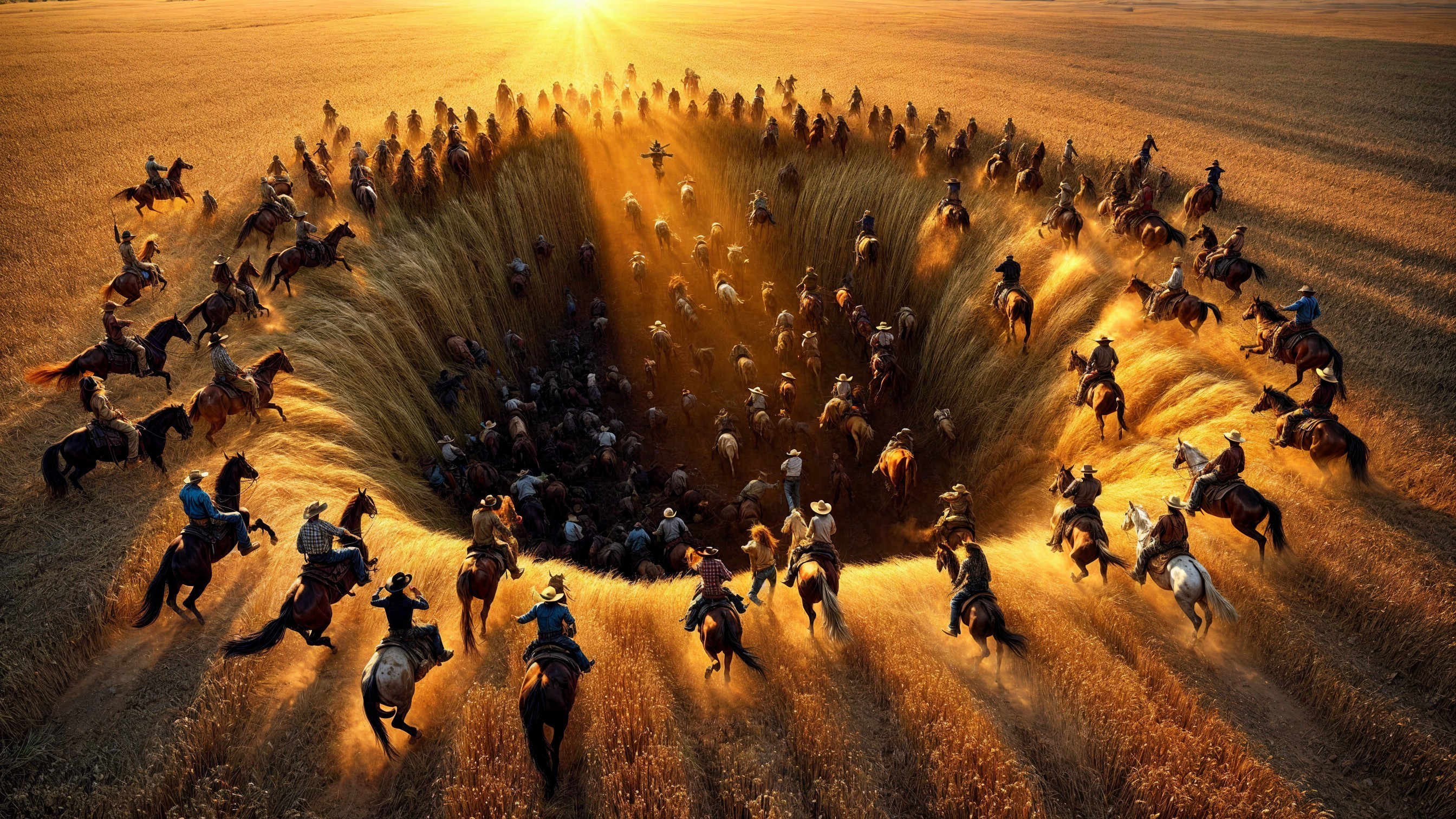 Dramatic Scene in Wheat Field with Horse Riders and Hole