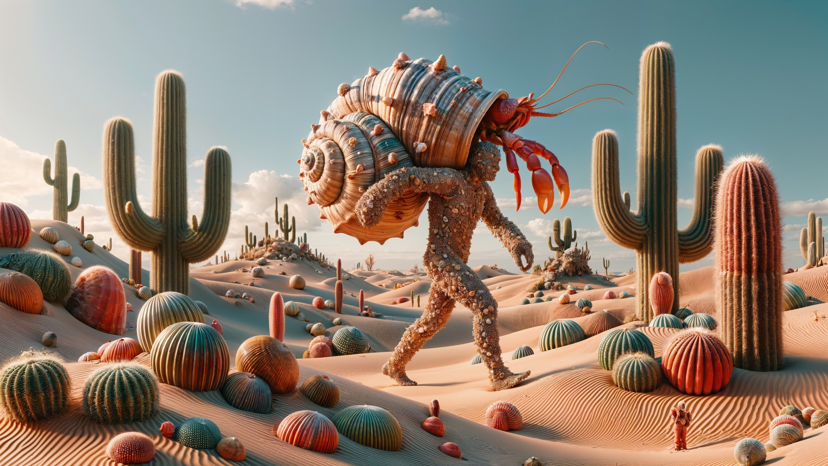 Surreal Desert Scene with Whimsical Hermit Crab Figure