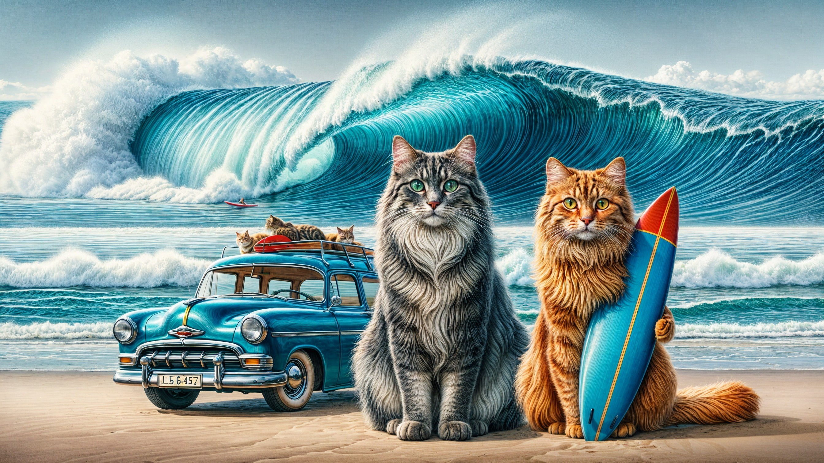 Anthropomorphic cats at a scenic beach with waves
