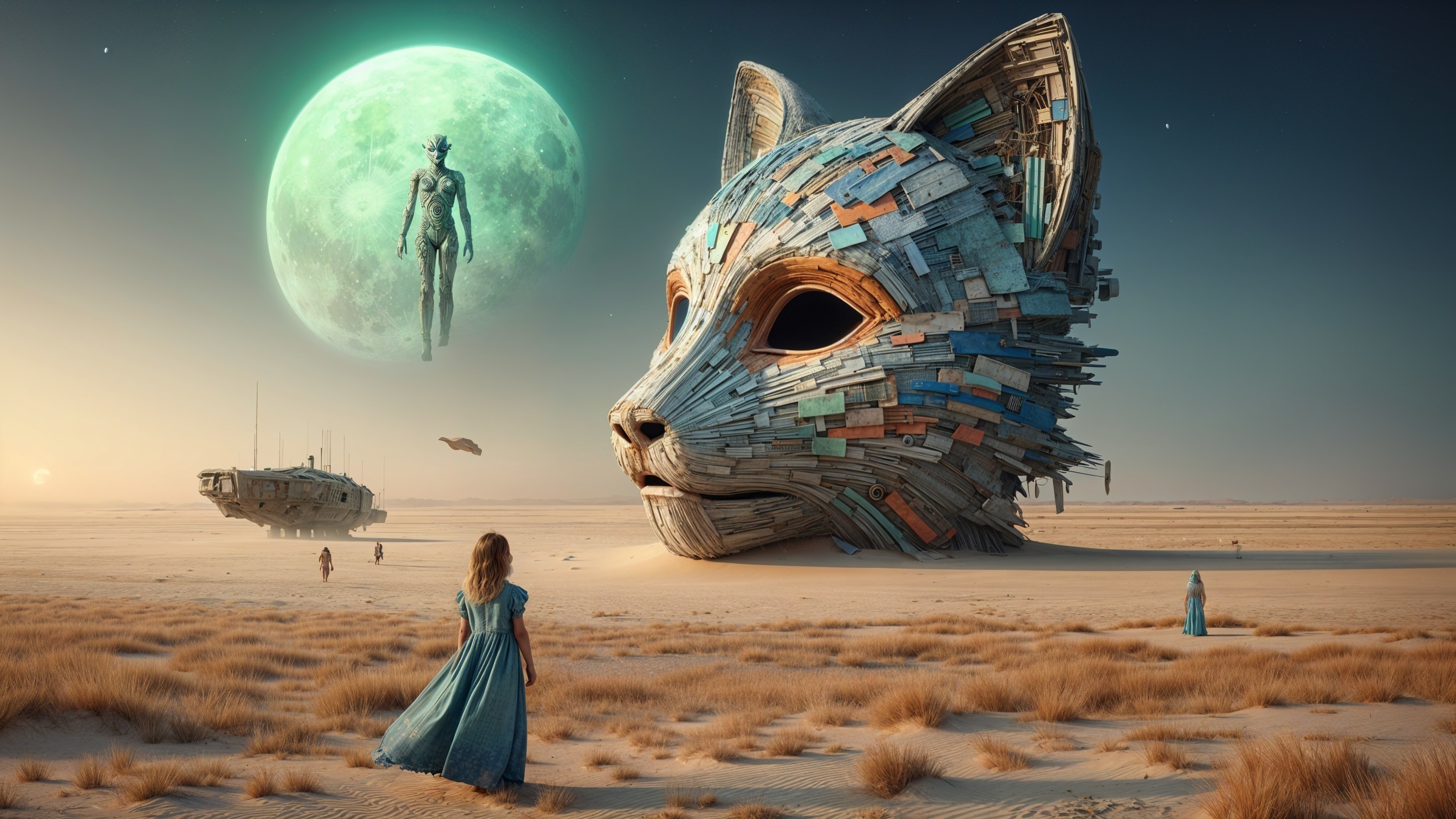 Surreal Desert Scene with Giant Cat Head and Moon