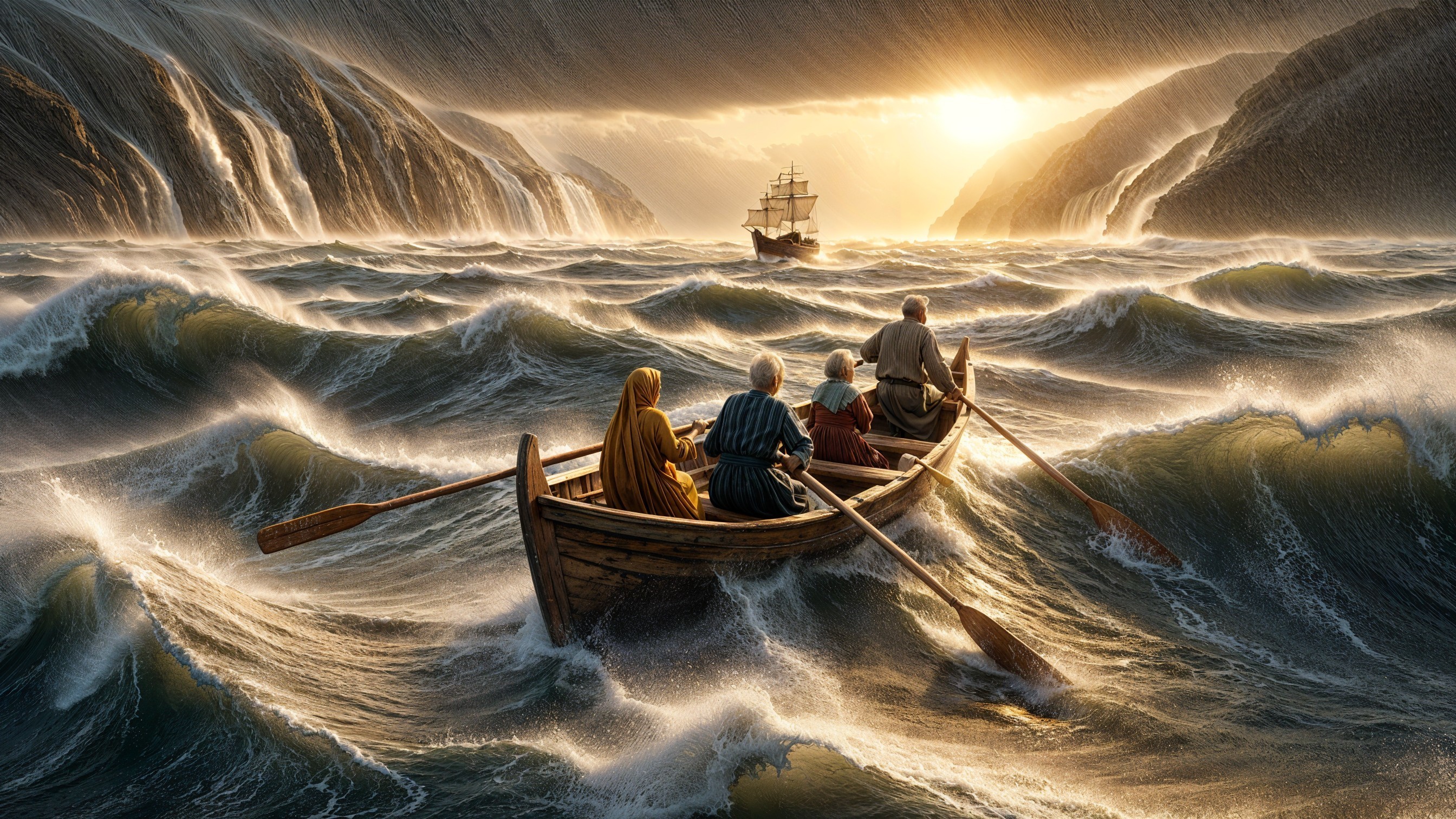 Small Boat Faces Stormy Waves in Dramatic Seascape