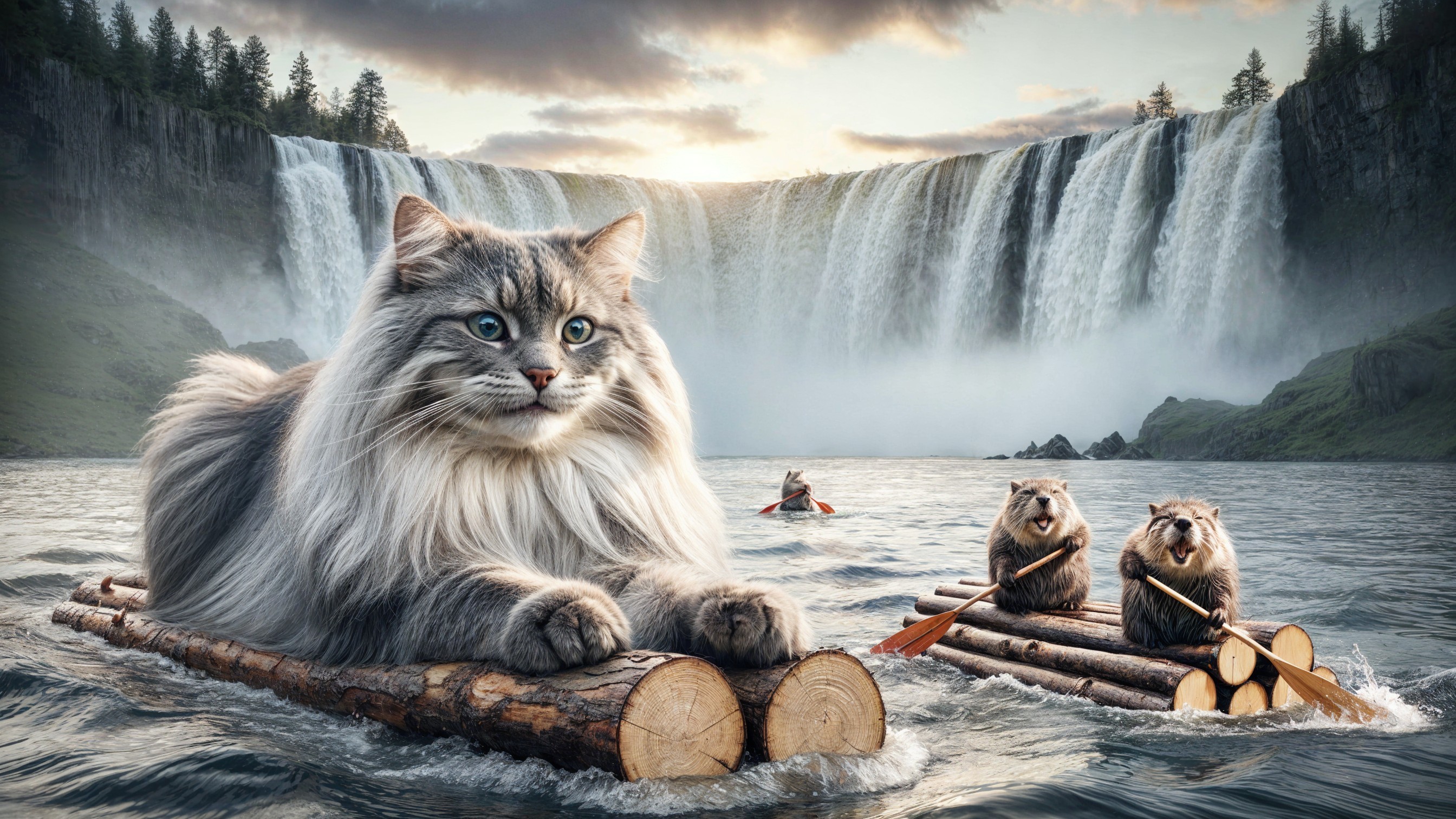 Giant Cat and Otters in a Waterfall Landscape