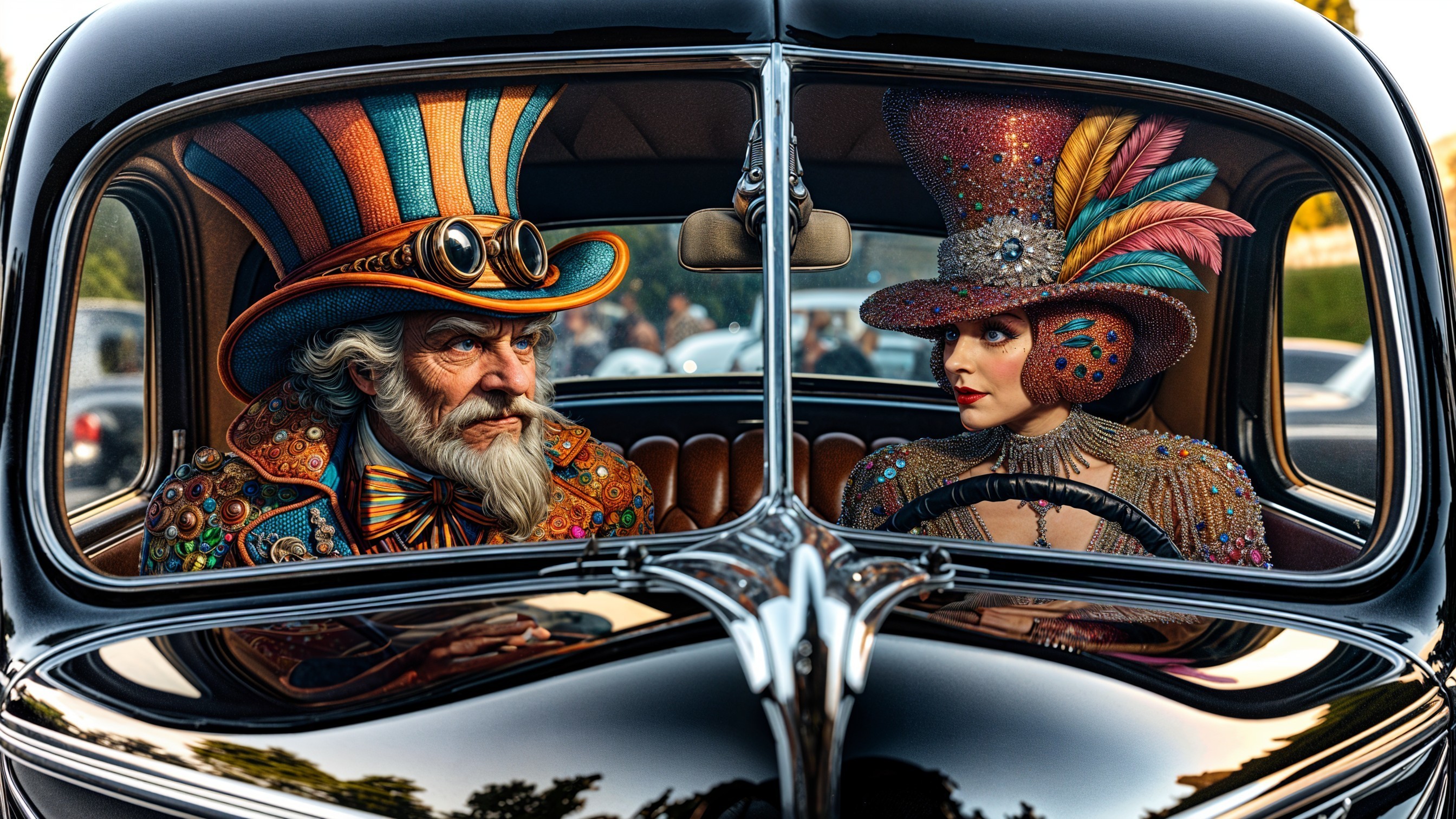 Vintage Car Scene with Steampunk Fashion and Conversation